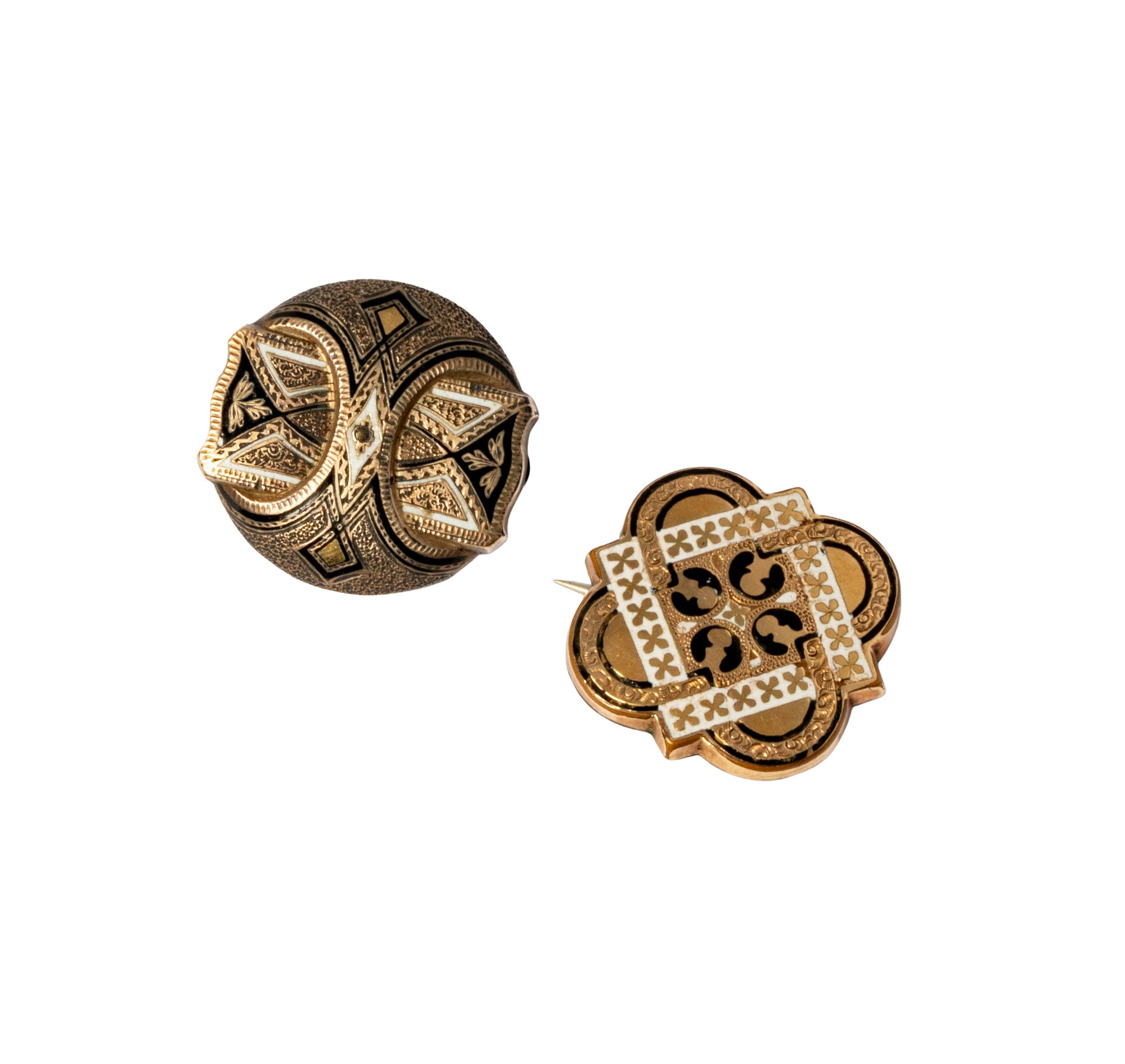 Two Gold and Gold-Plated and Enamel Brooches