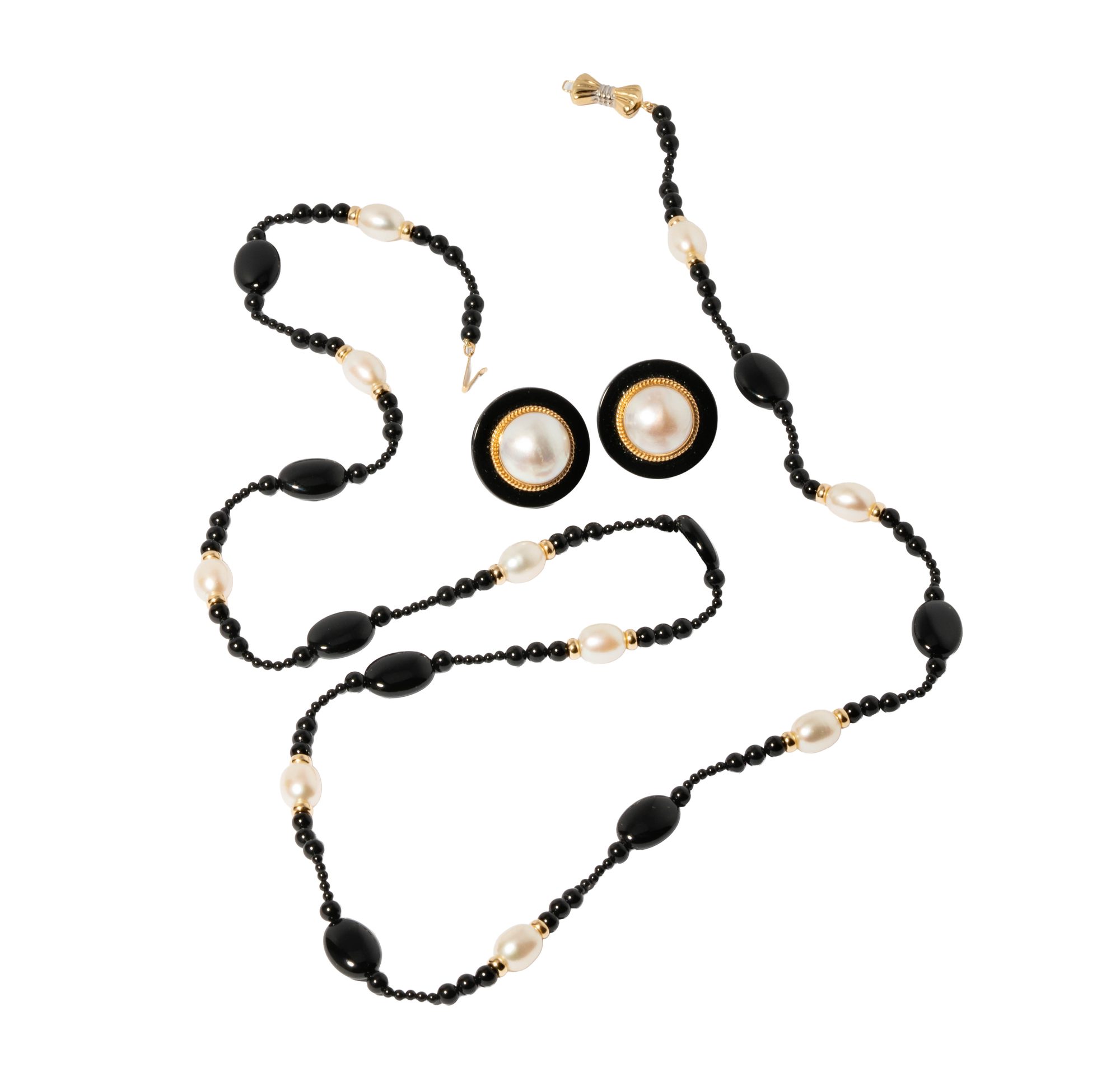 14 Karat Yellow Gold Pearl and Onyx Earrings