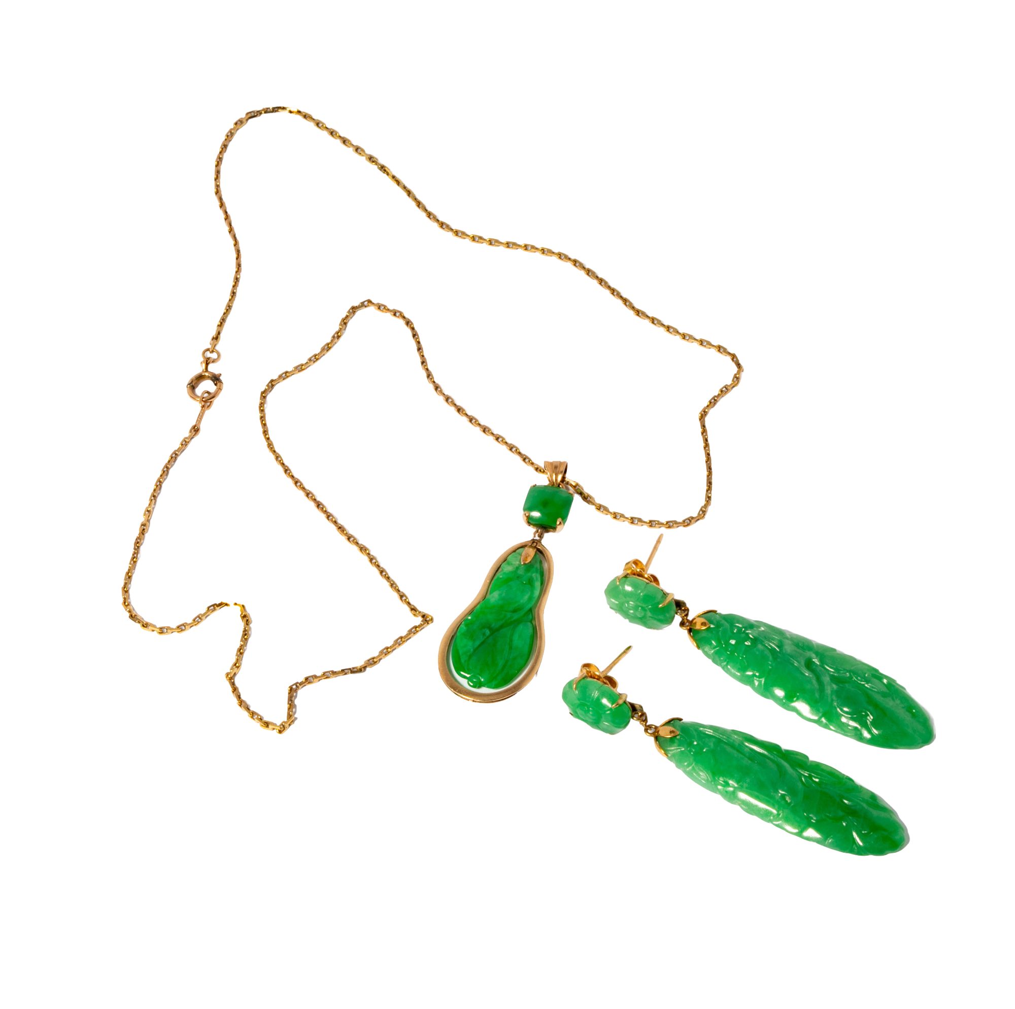 14 Karat Yellow Gold Jade Earrings and Necklace