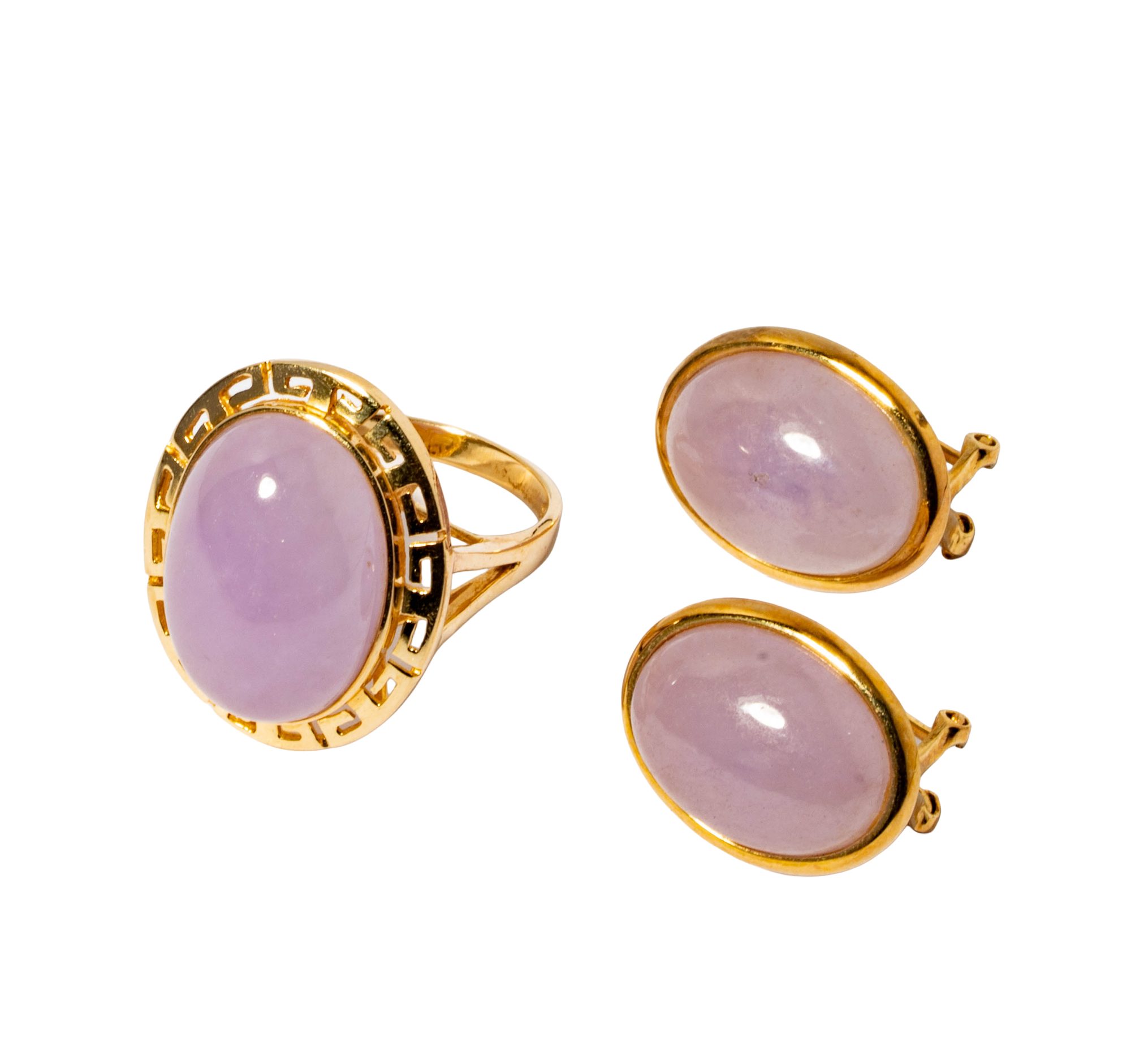 14 Karat Yellow Gold Lavender Jade Earrings and Ring