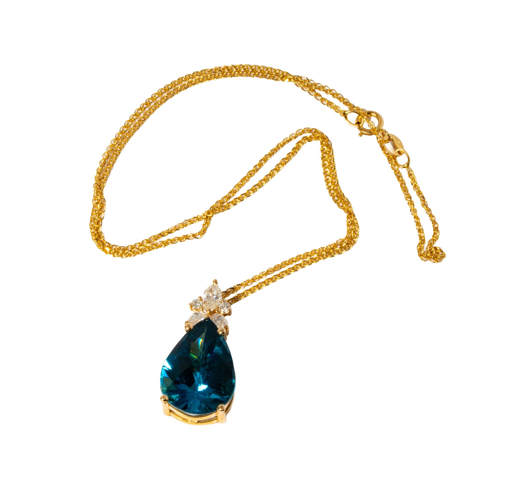 14 Karat Yellow Gold Diamond and Blue Topaz Necklace