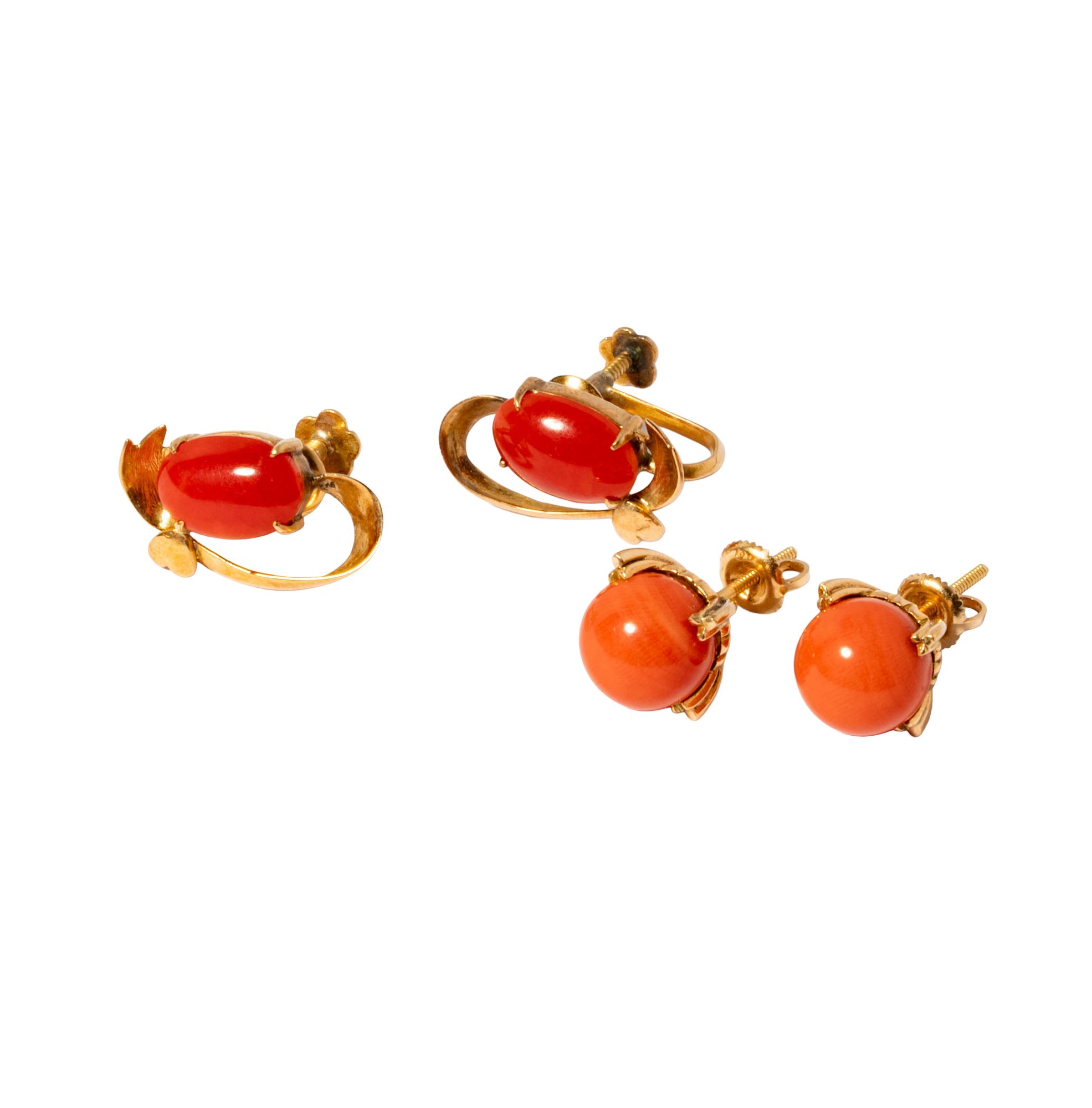 Two Pairs Of Yellow Gold Coral Earrings