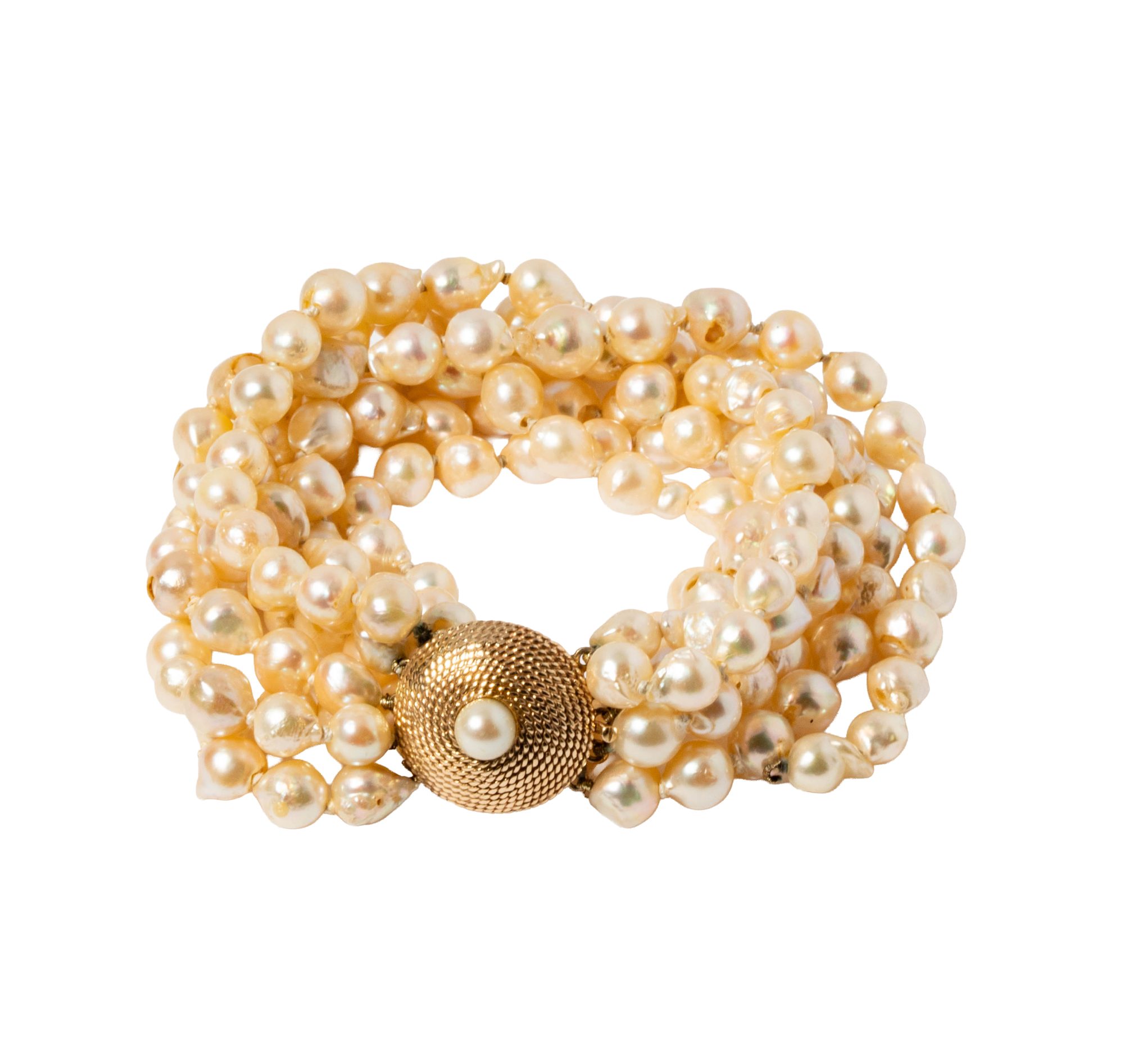 14 Karat Yellow Gold Multi-strand Pearl Bracelet
