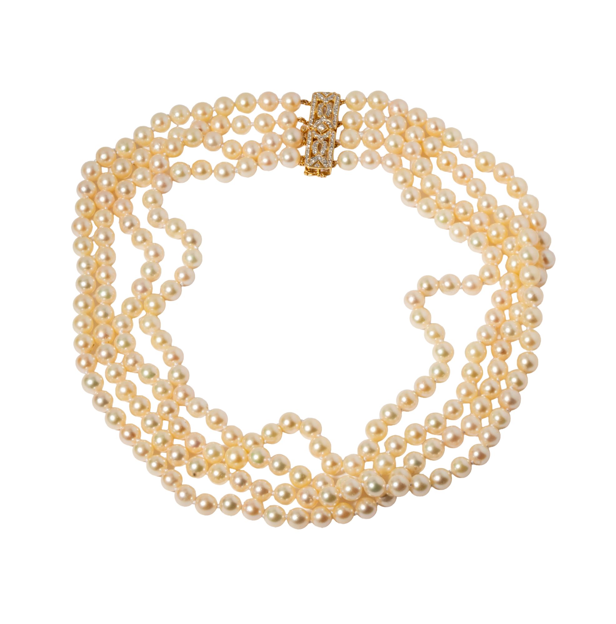 18 Karat Yellow Gold Mutli-strand Pearl Necklace
