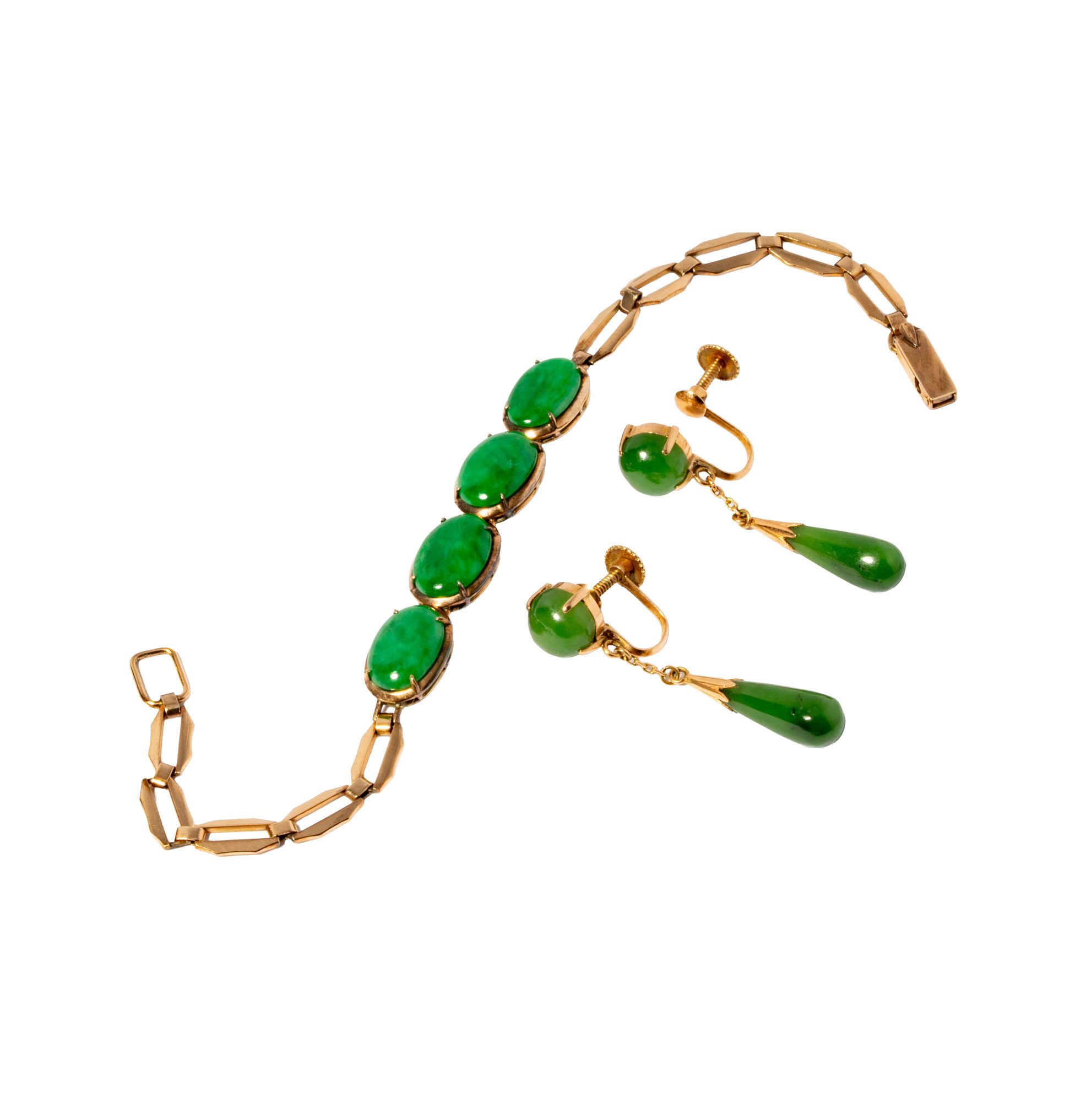 14 and 18 Karat Jade Bracelet and Earrings