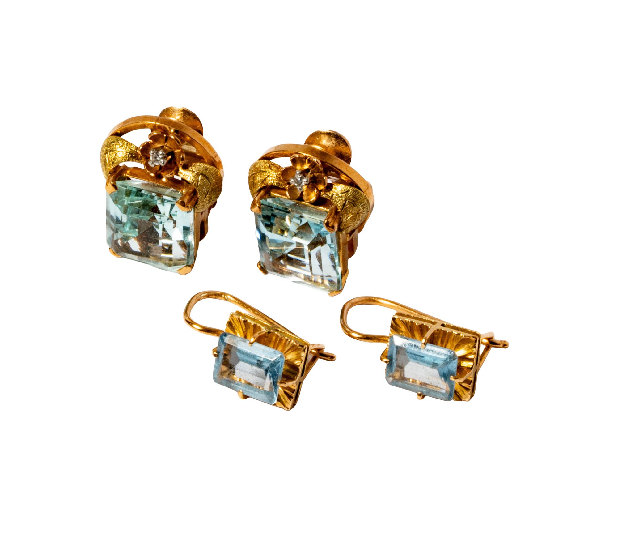 Two Pairs of 14 Karat Yellow Gold Aquamrine Earrings