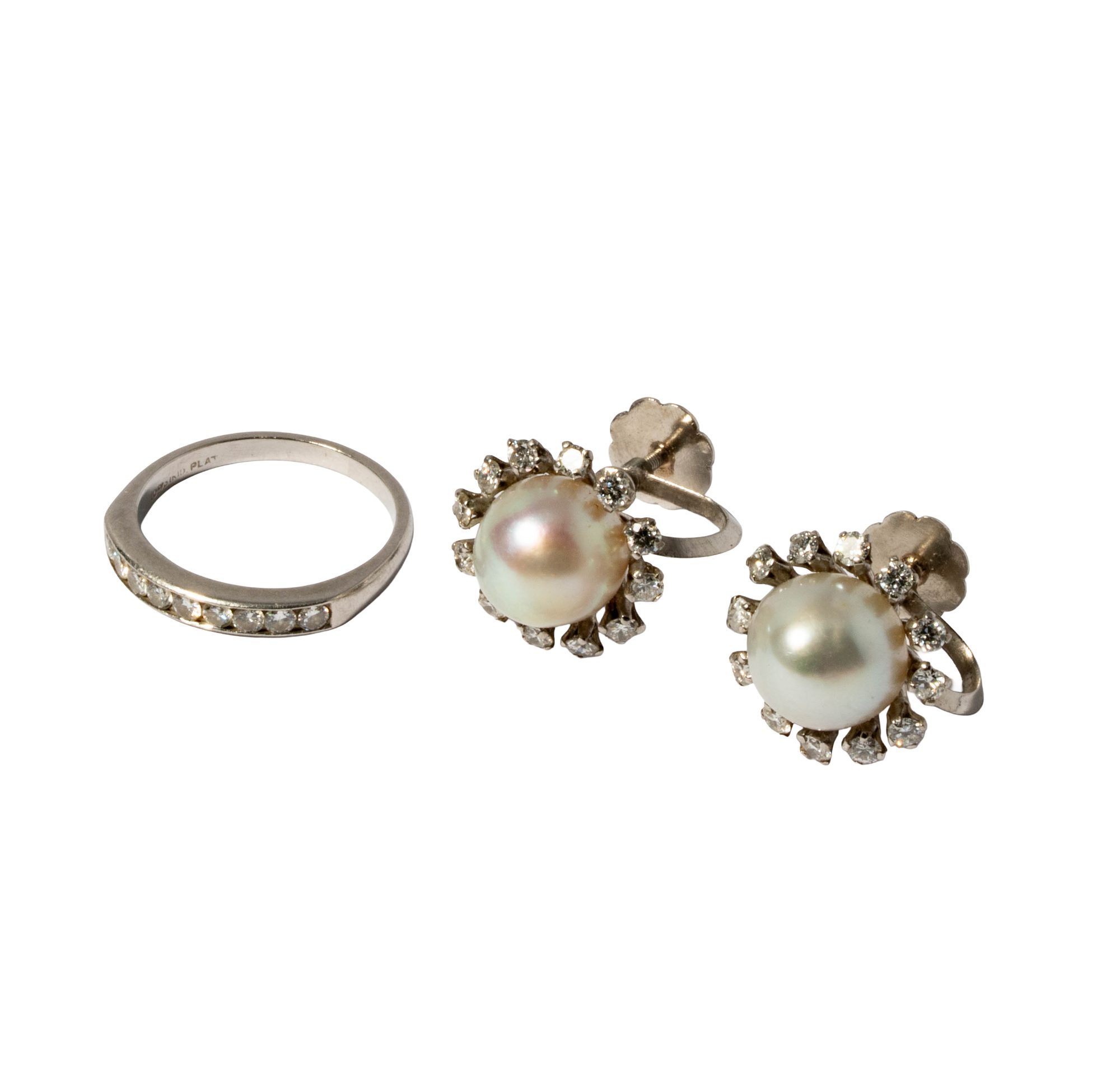 One Pair of Platinum Diamond and Pearl Earrings and Ring