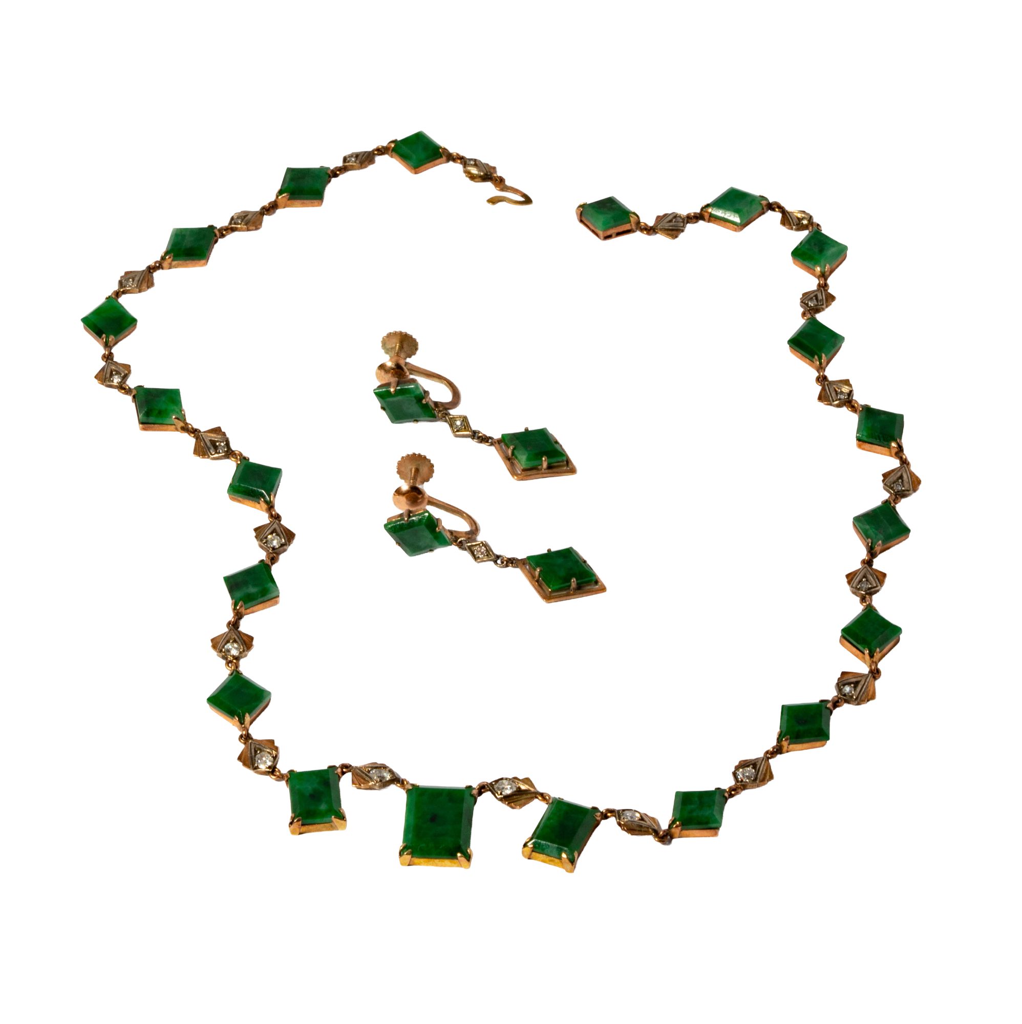 9 Karat Rose Gold Jade and Diamond Necklace and Earrings Set