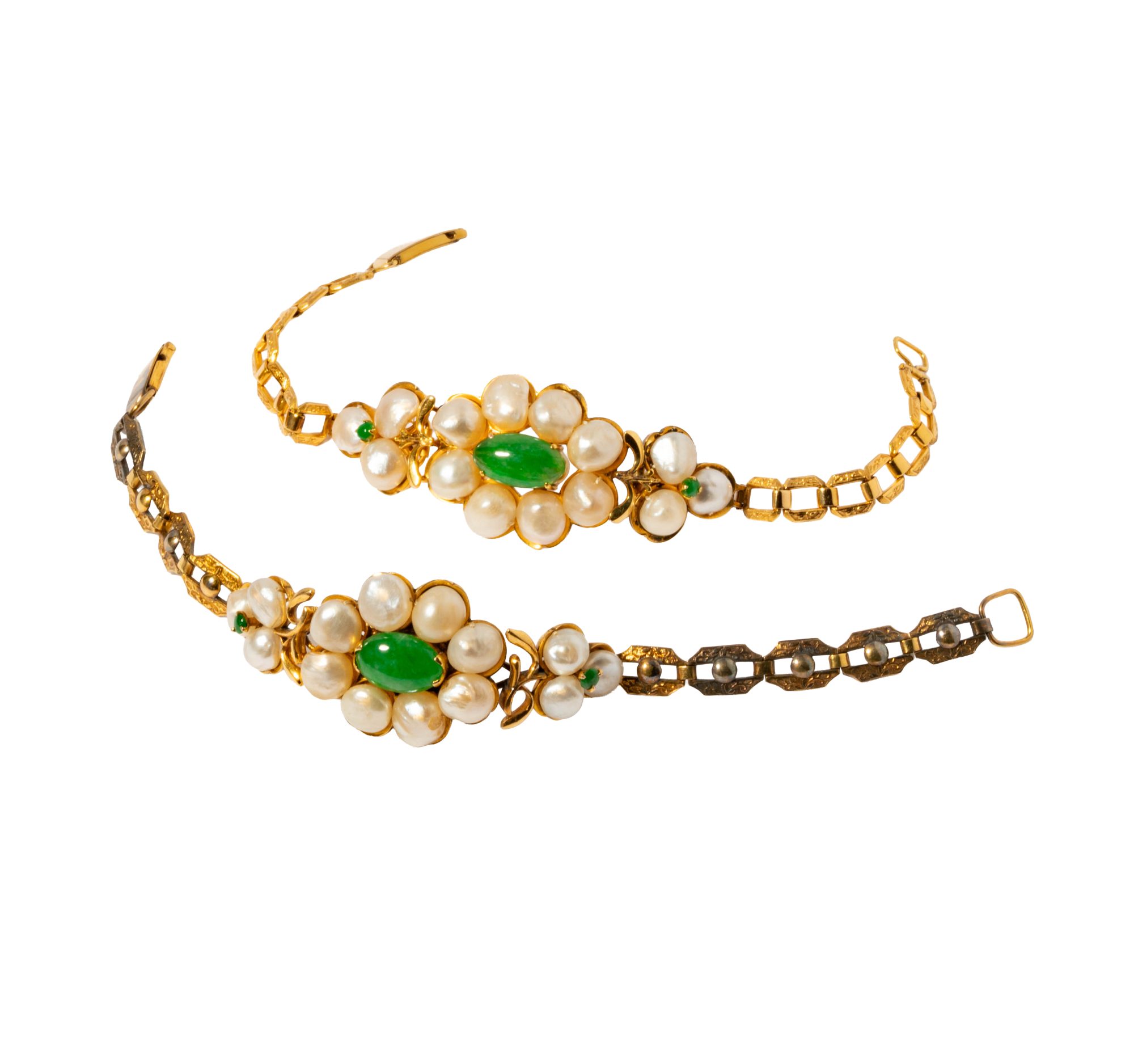 Gold Plated Jade and Pearl Bracelets