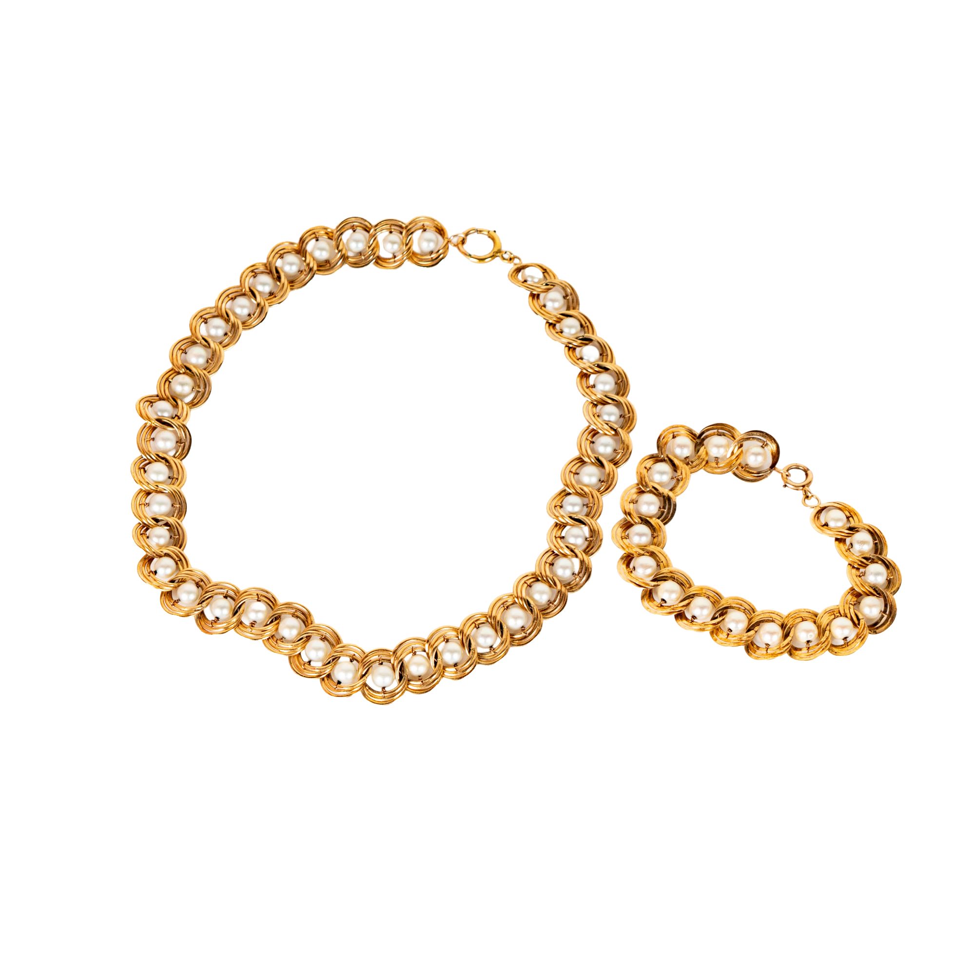 14 Karat Gold Pearl Necklace and Bracelet