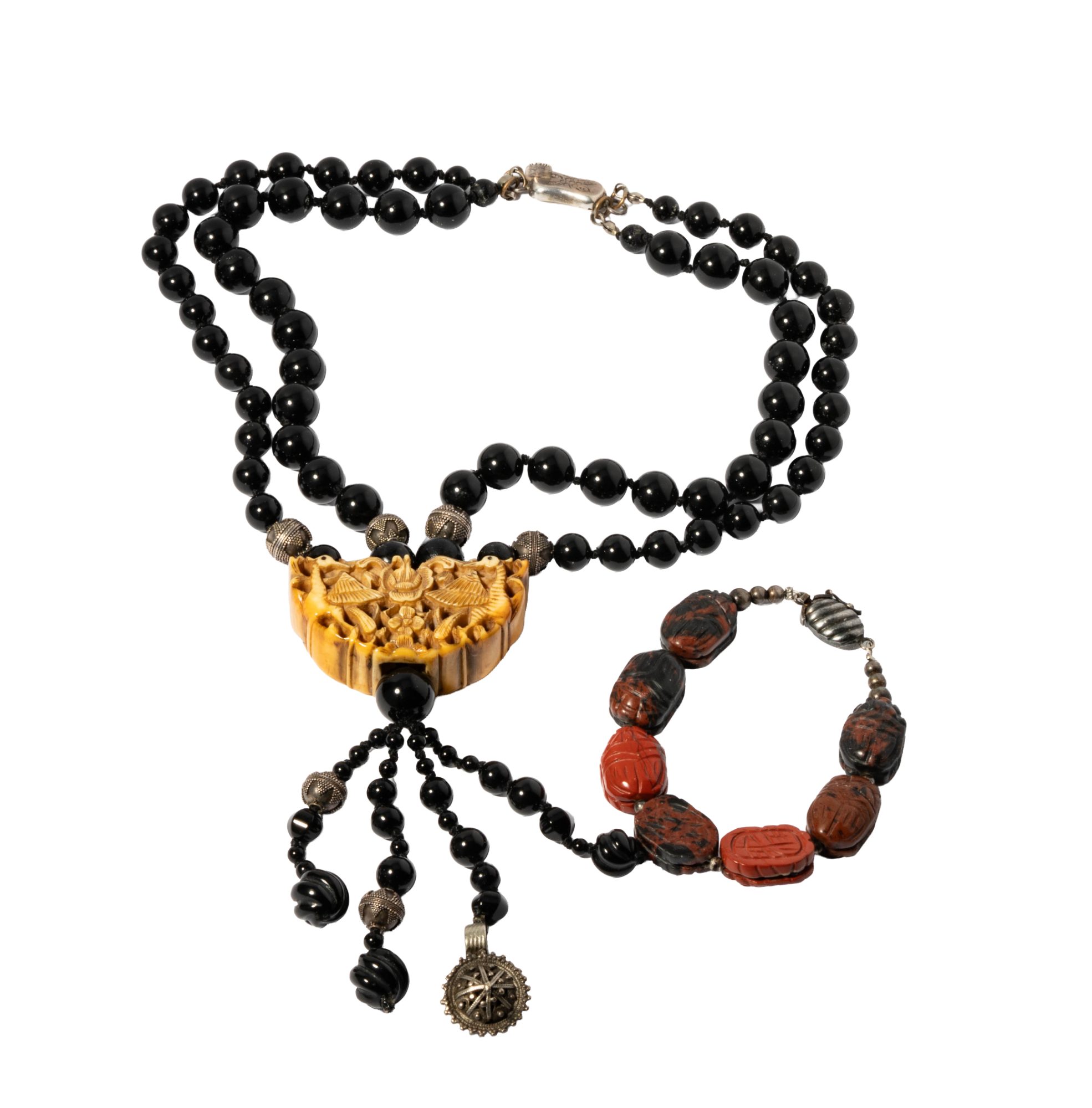 Silver, Onyx Beaded Necklace with scarab bracelet