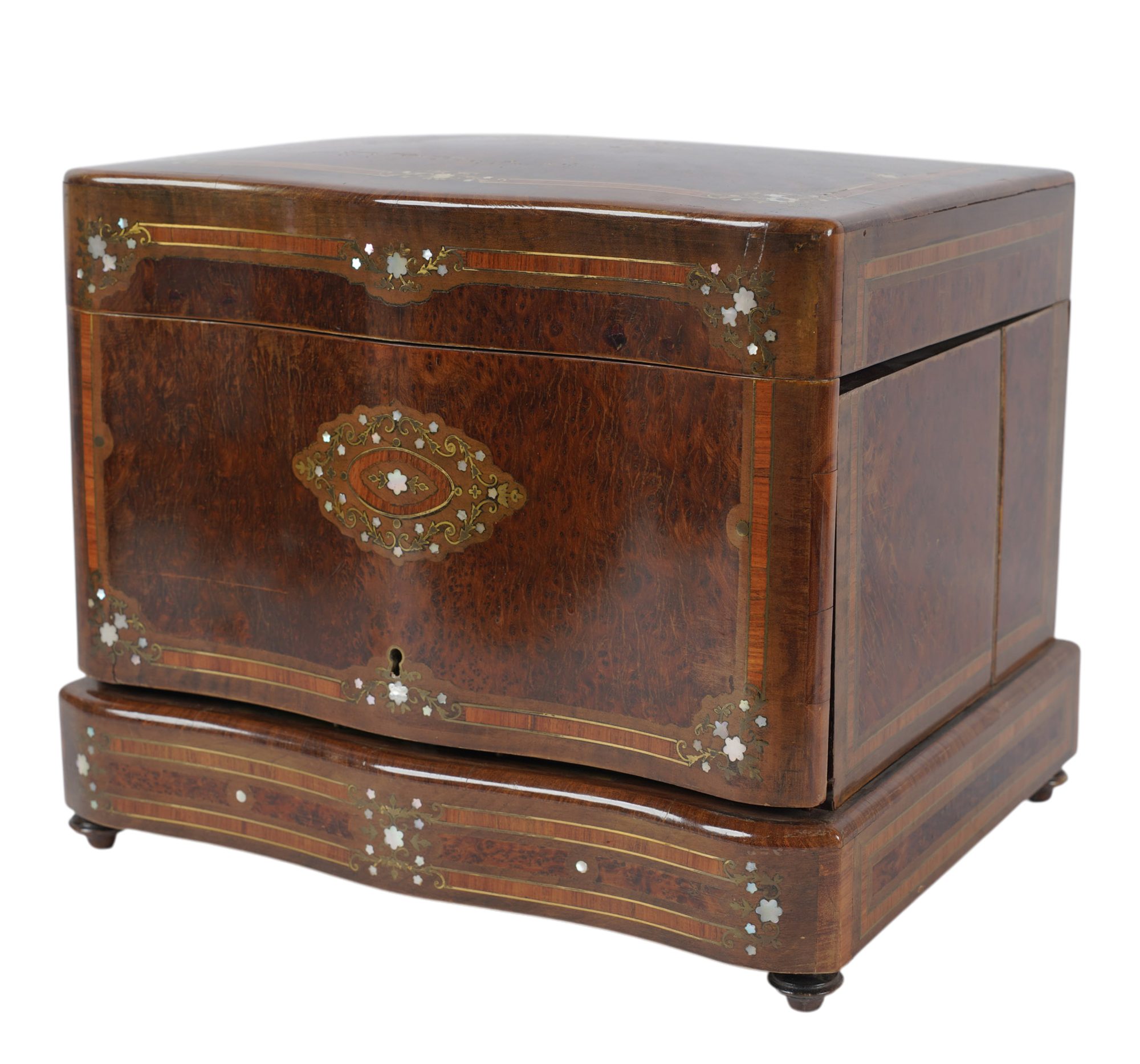 A French Inlaid Burlwood Tantalus Set