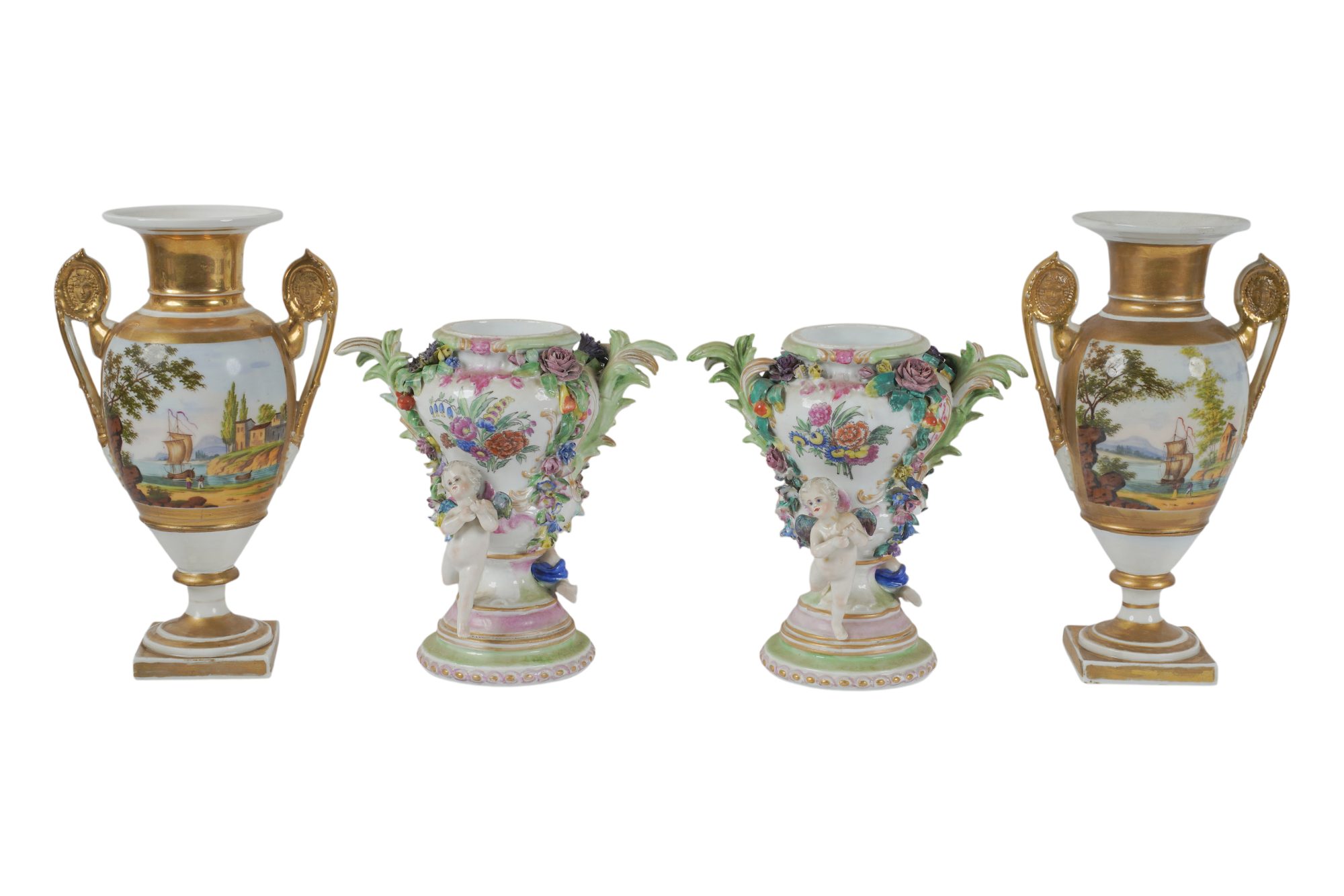 A Pair of Old Paris Porcelain and Meissen Urns