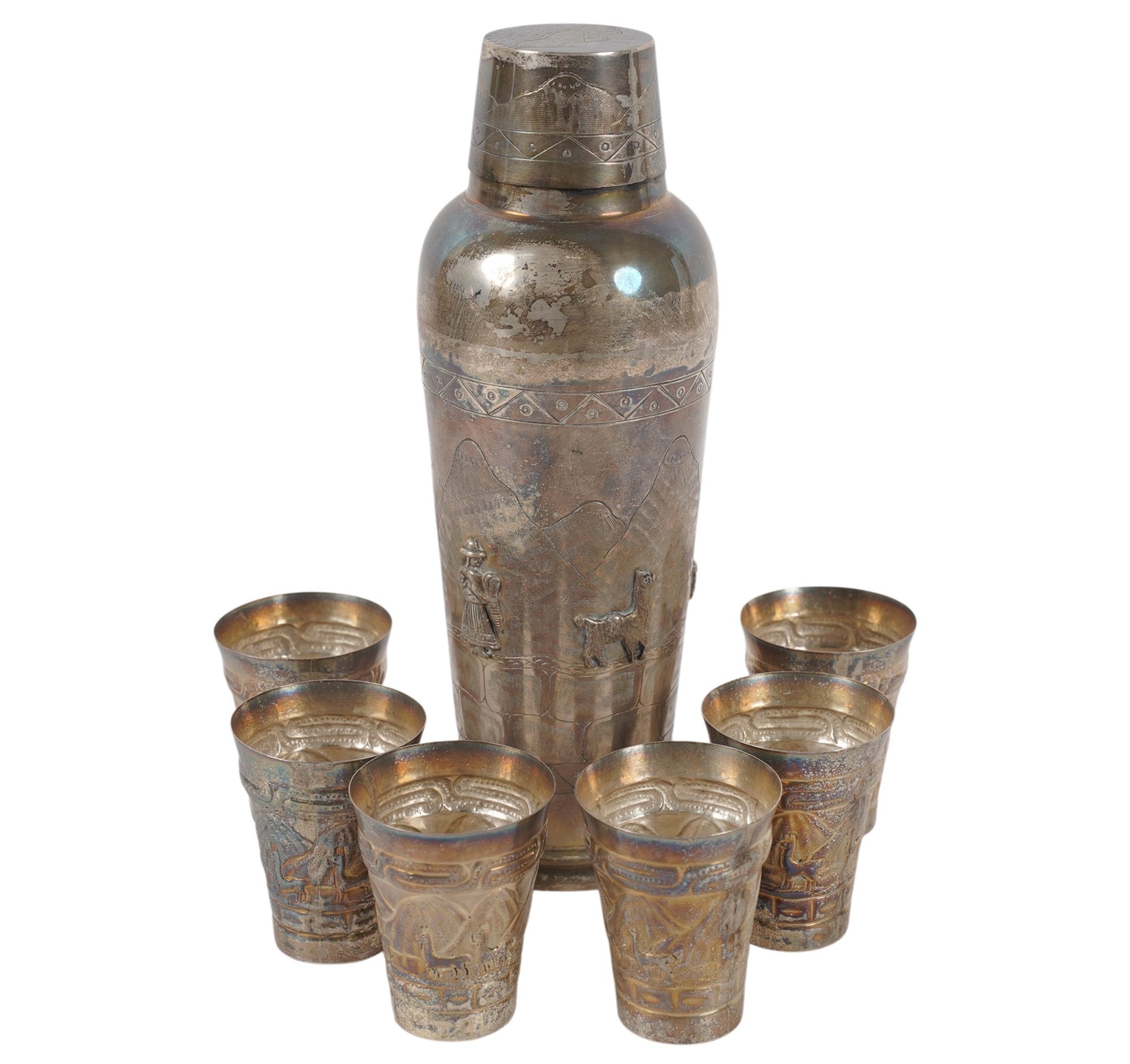 A Sterling Cocktail Shaker with Six Sterling Shot Glasses