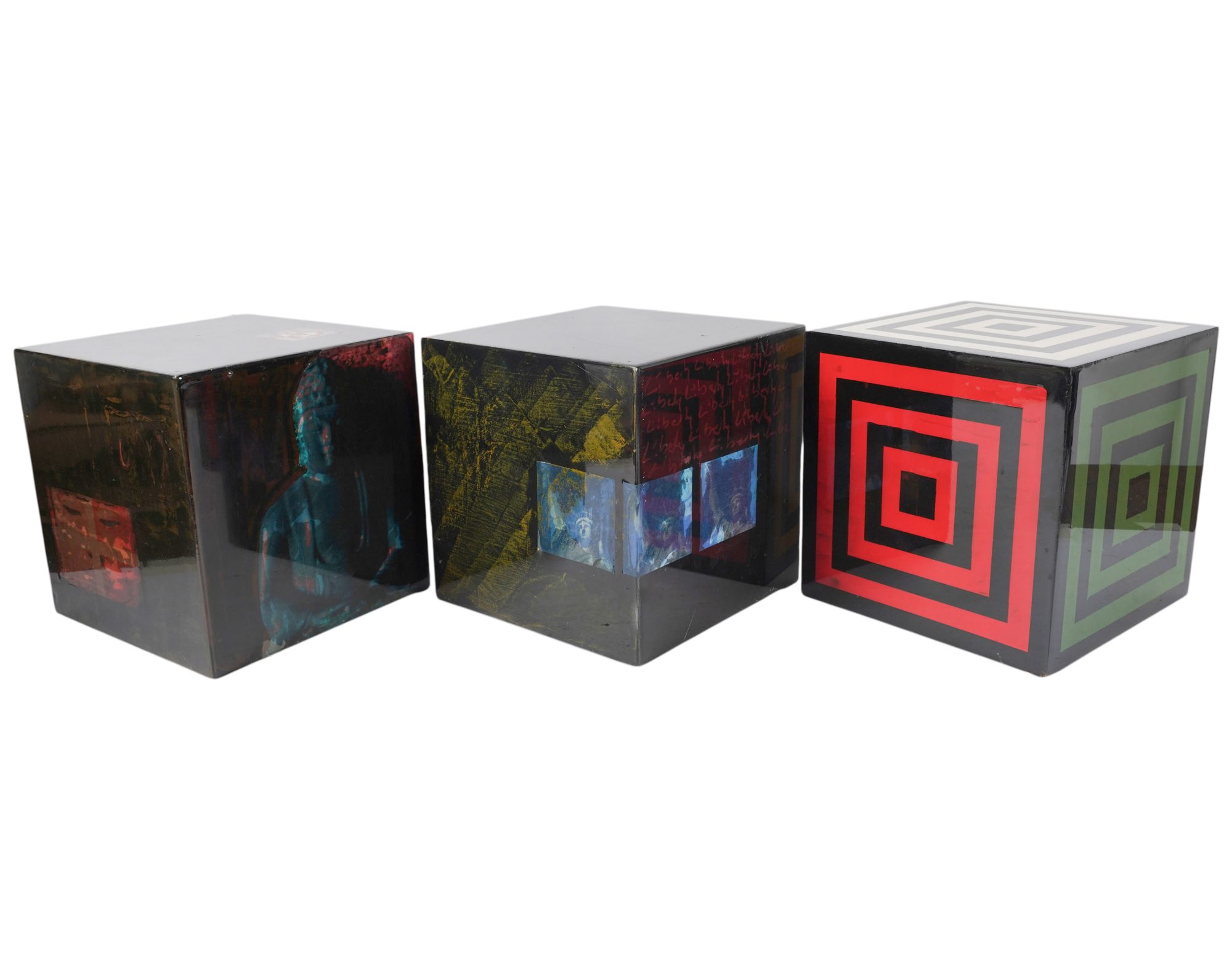 Three Modern Mixed Media Lacquered Cubes