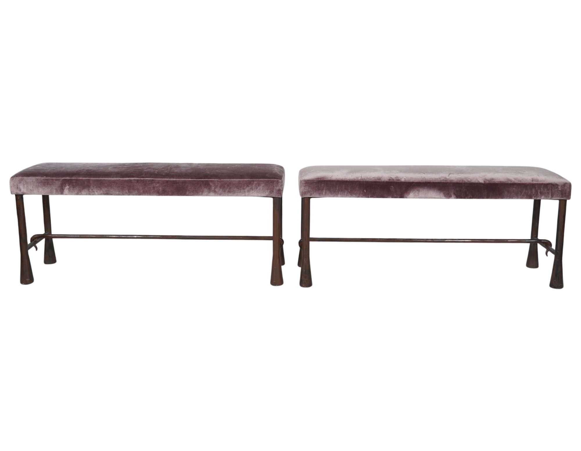 Pair of Velvet Upholstered Iron Benches