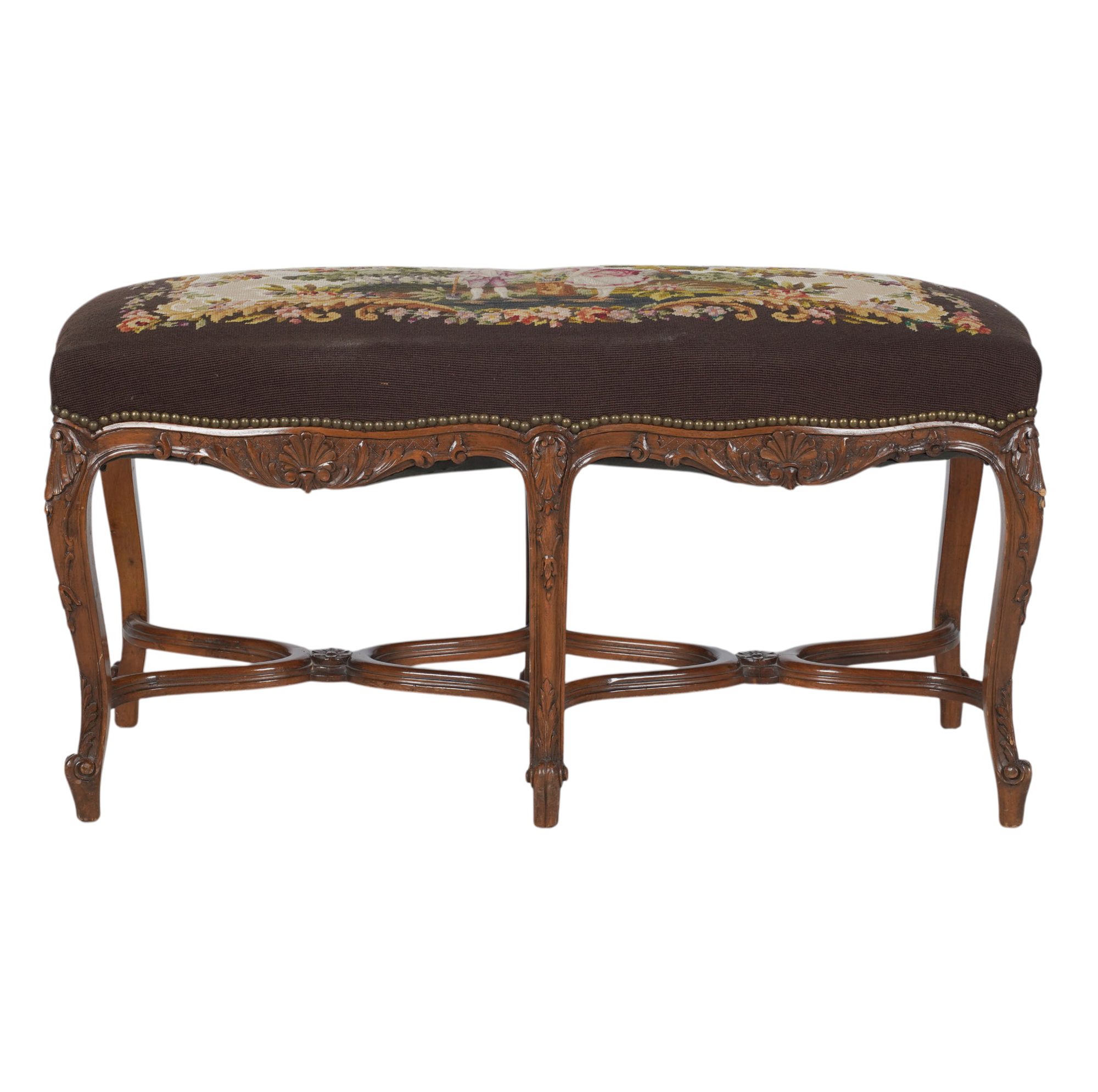 Carved Wood Needlepoint Upholstered Bench