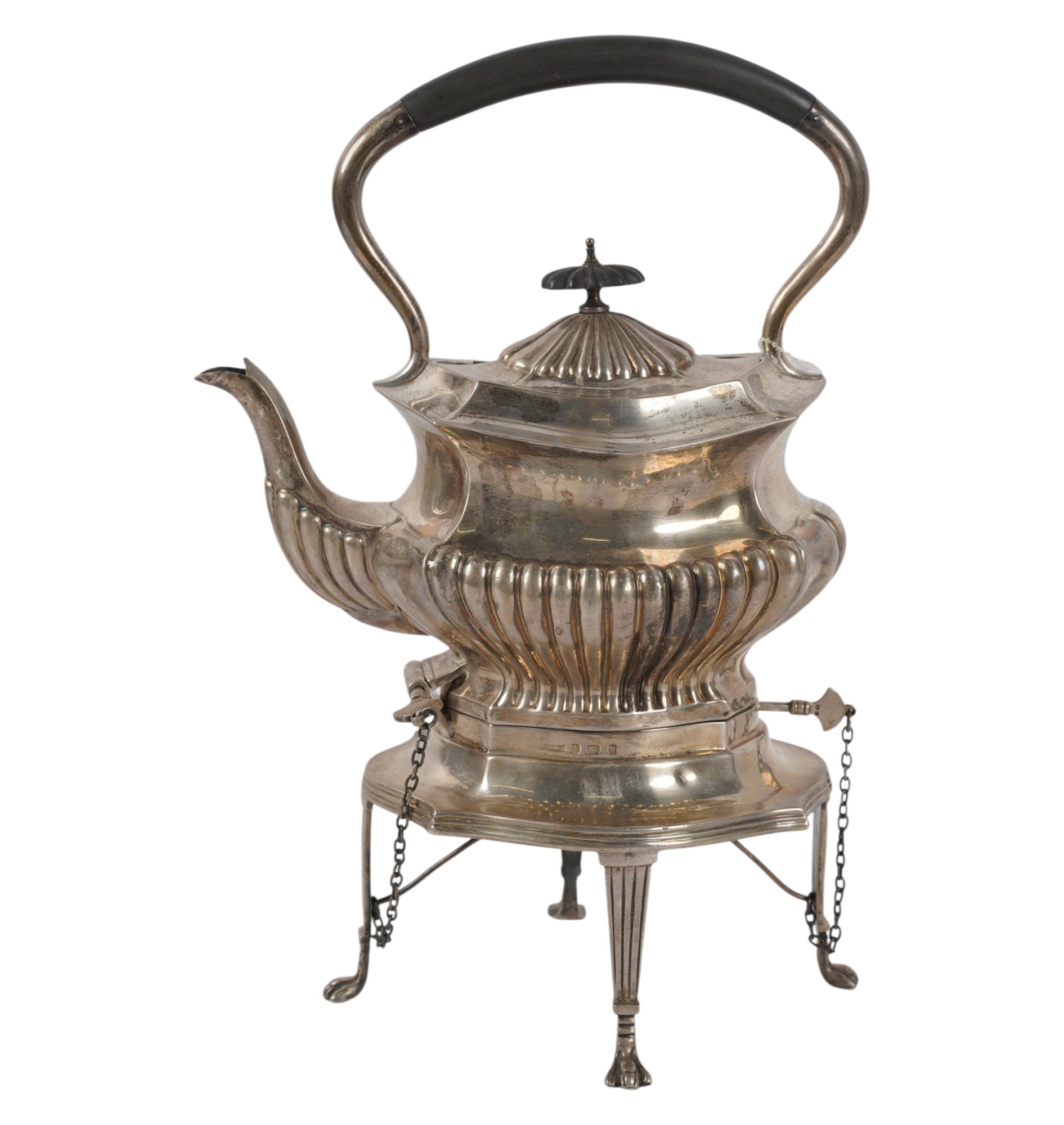 A Sterling English Tipping Kettle with Sterling Stand