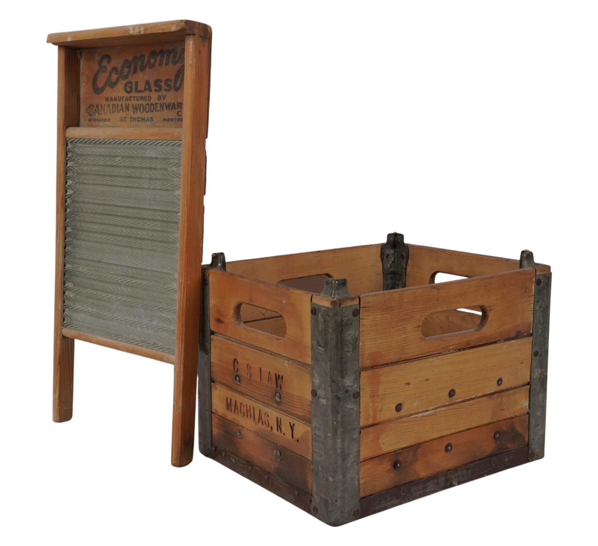 Antique Wood Milk Crate and Washboard