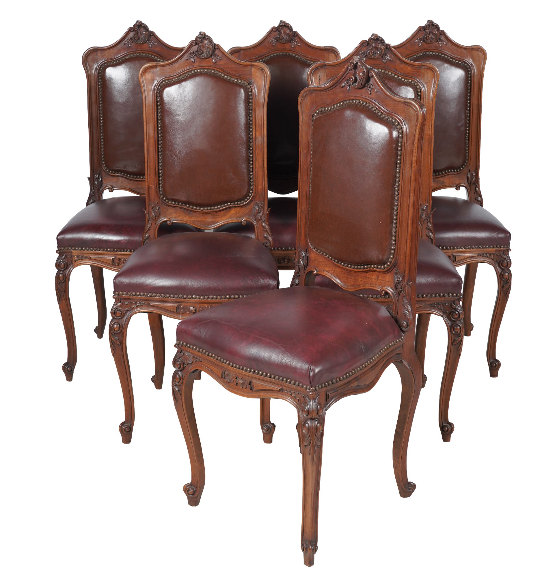 Set of Six Rococo-Style Carved Wood Dining Chairs