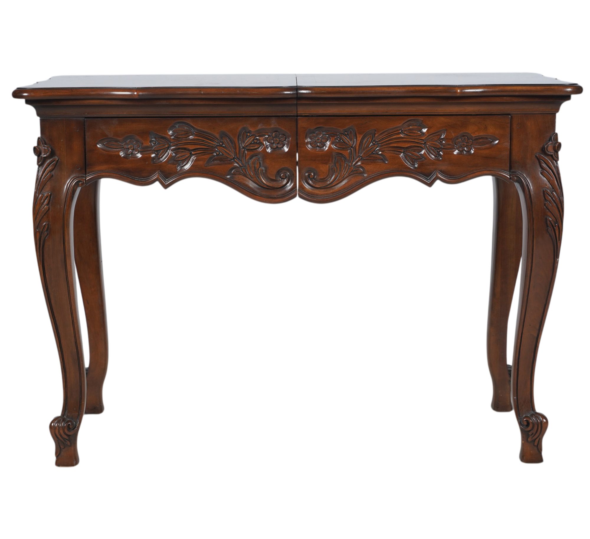 Expandable Carved Wood Burl Top Console Table