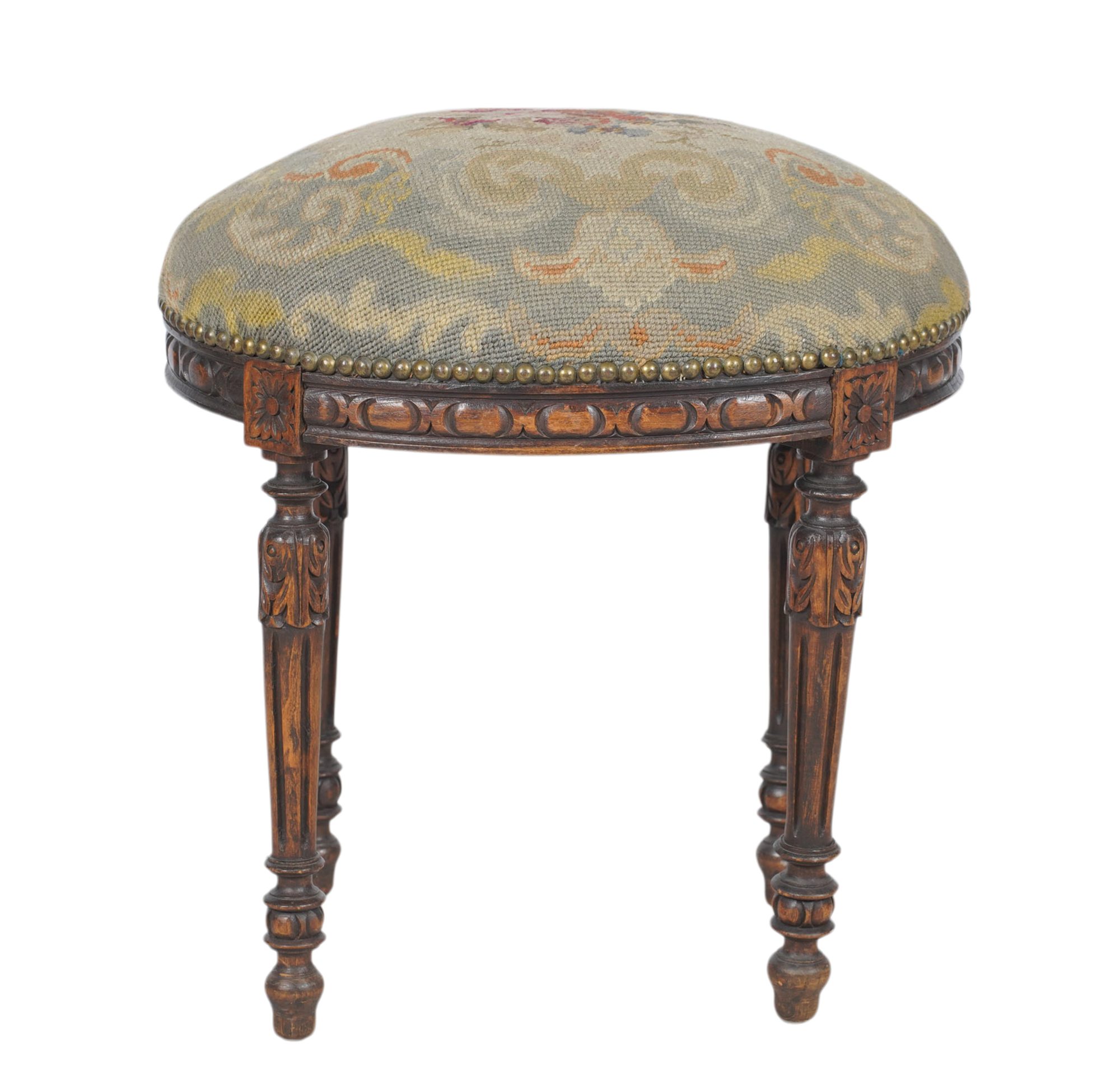 Carved Wood and Needlepoint Upholstered Stool