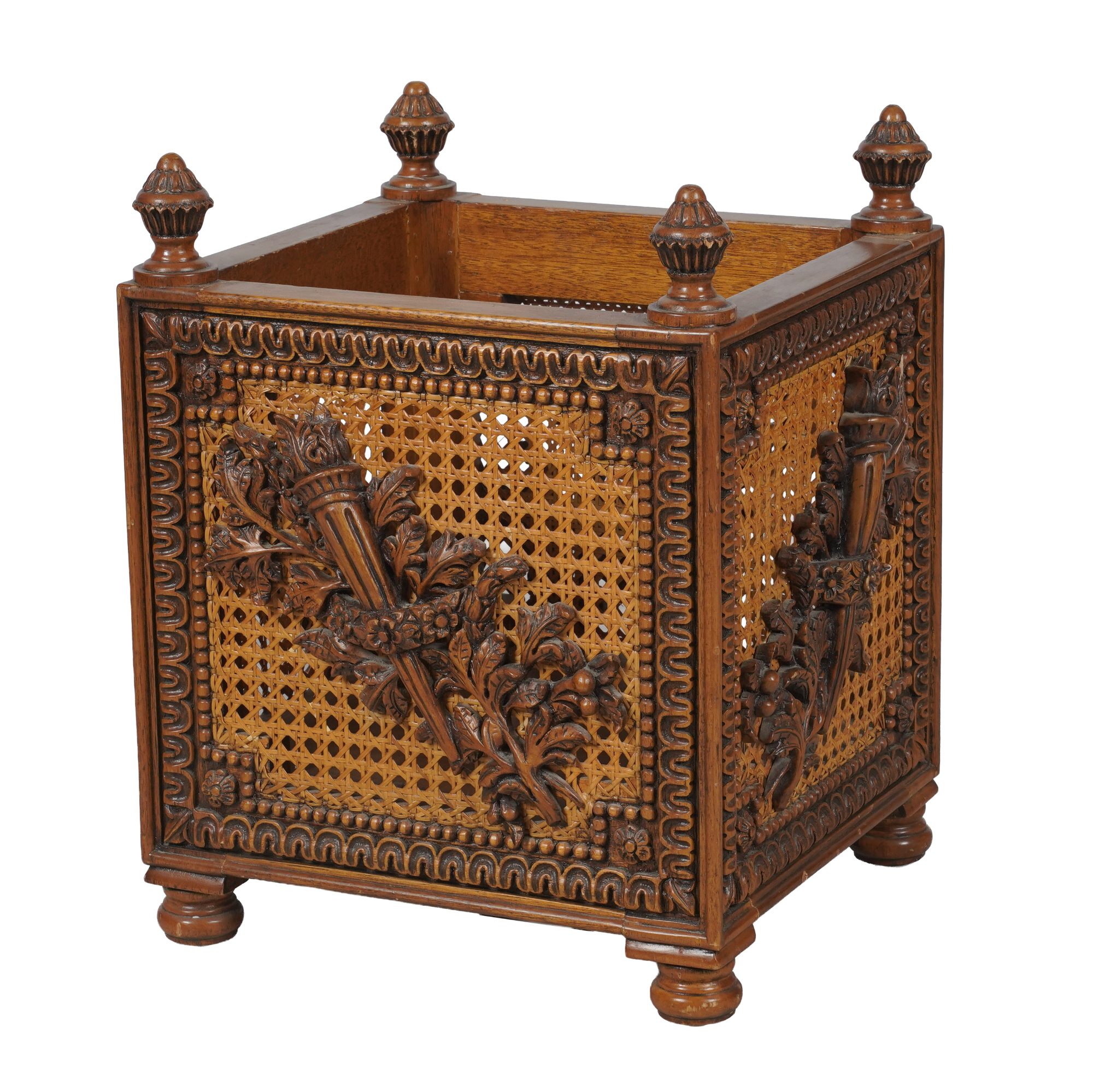 Carved Wood and Cane Square Bin