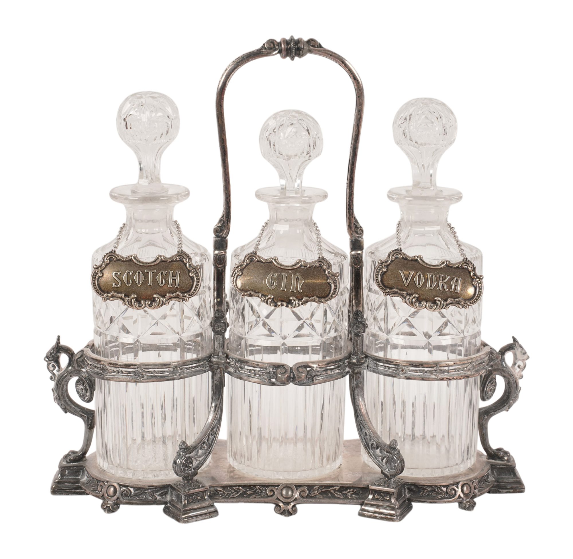 English Cut Crystal Decanters and Silverplate Tantalus