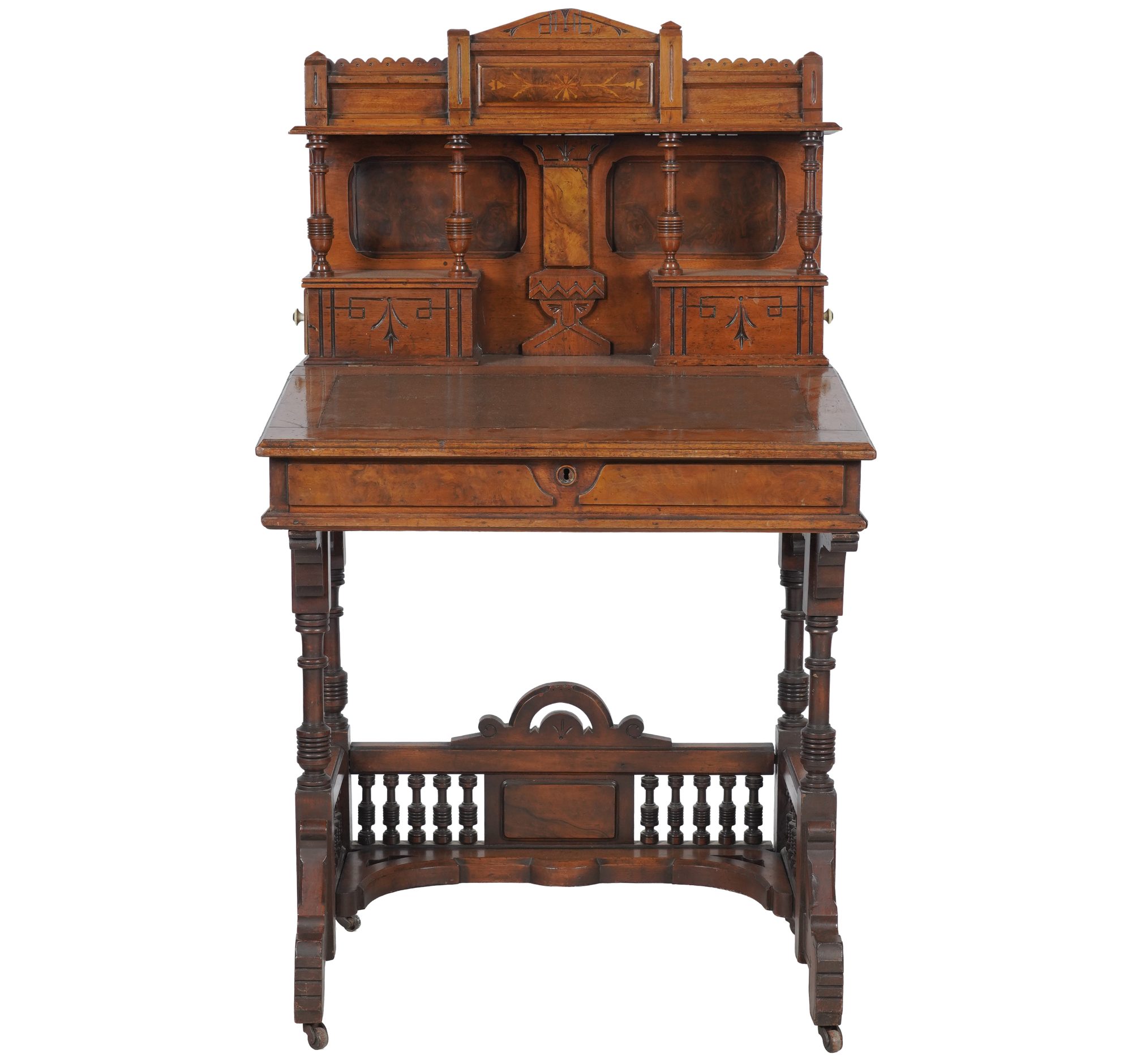 Carved Wood Leather Inset Captain's Desk