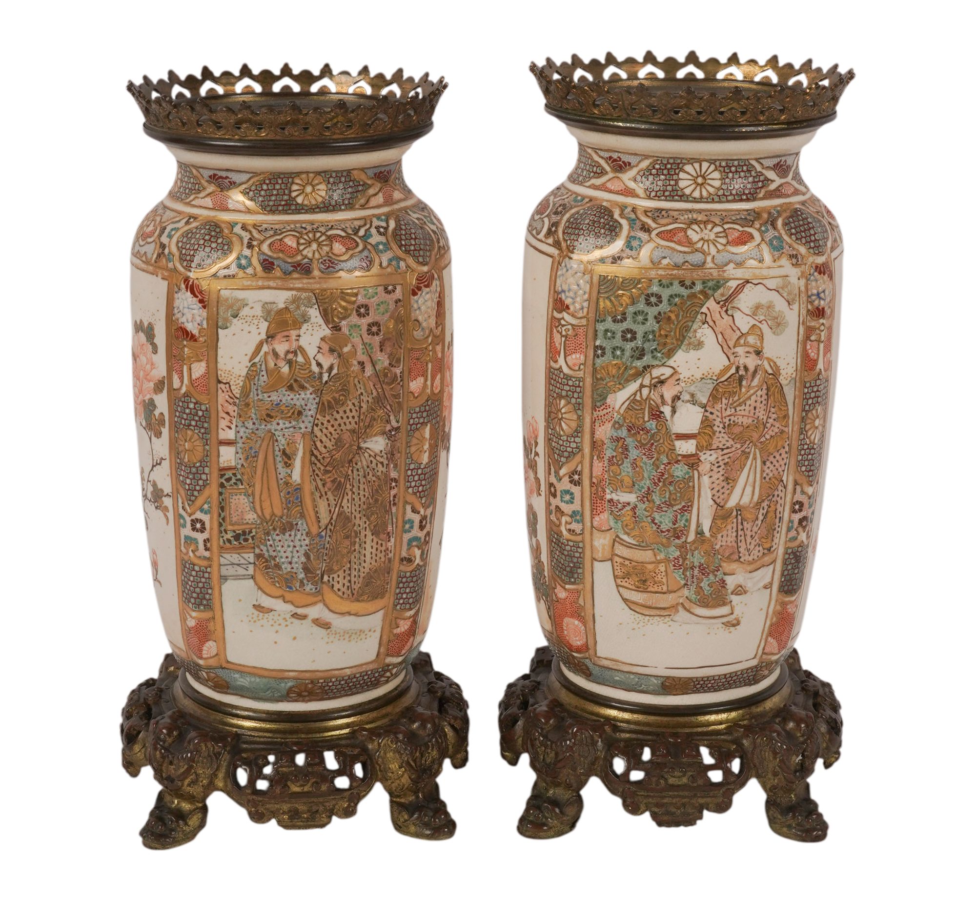 Pair of Satsuma Gilt Metal Mounted Vases