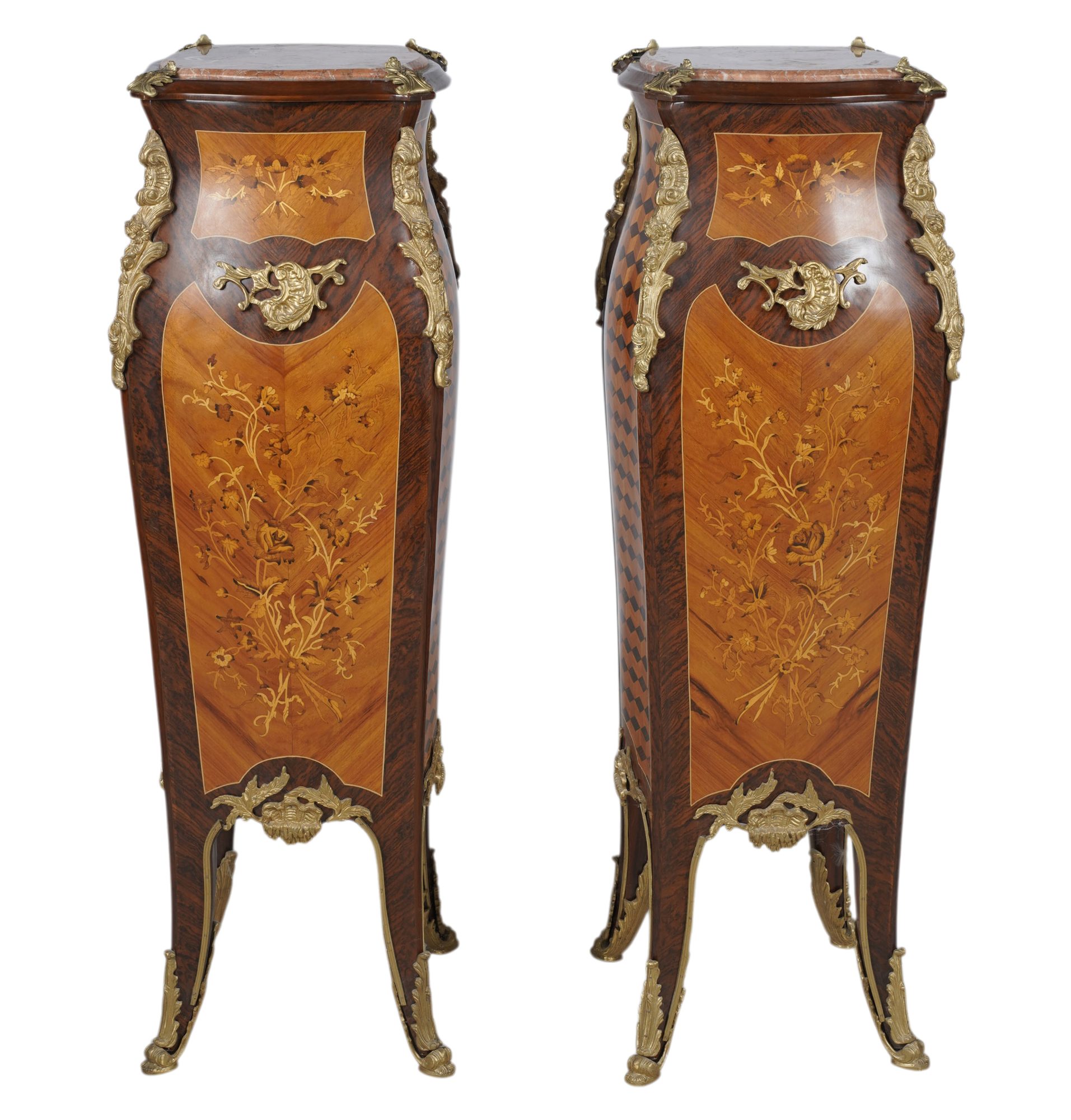 Pair of Marquetry Inlaid Marble-Top Pedestals