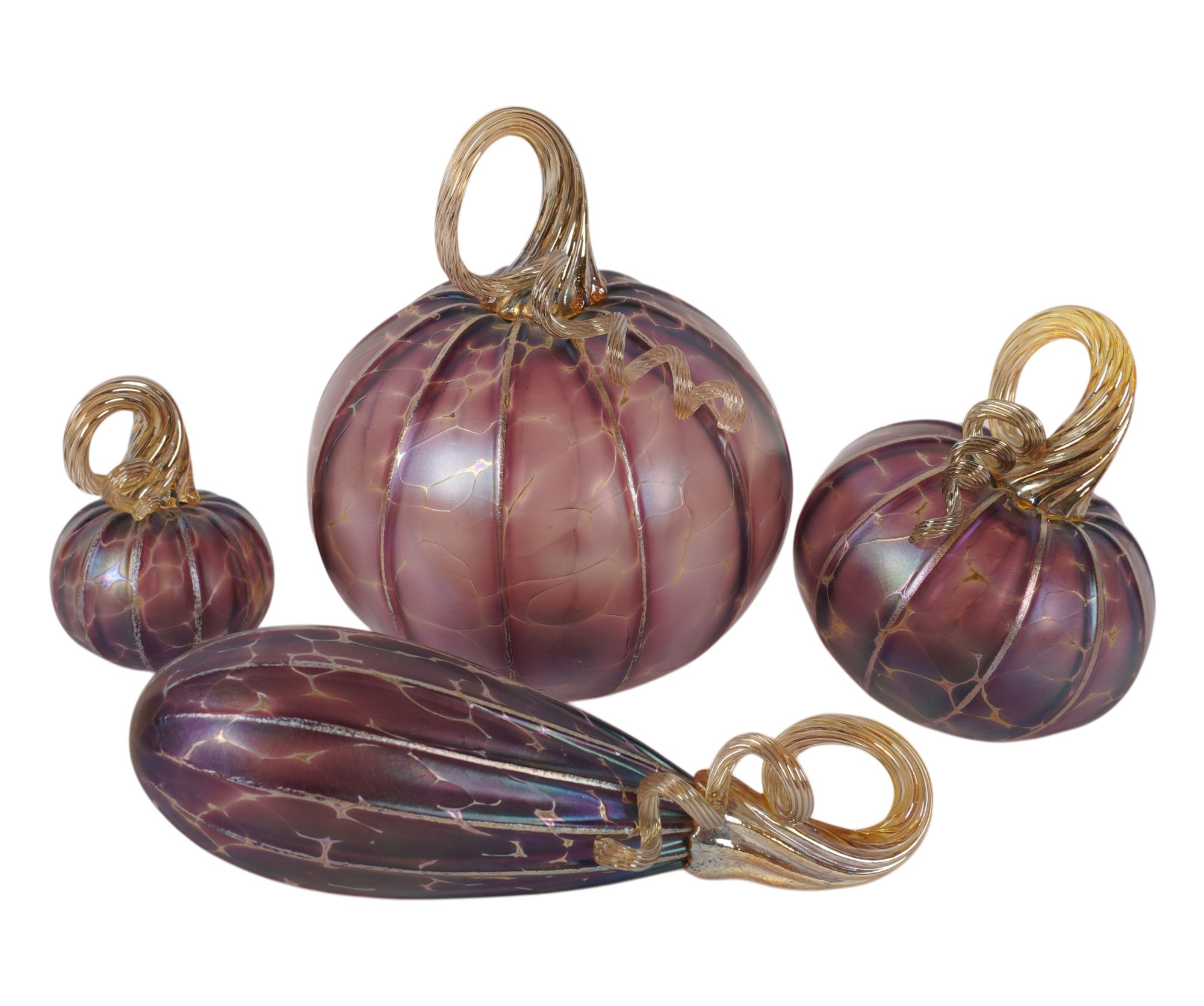 Four Amethyst Iridescent Art Glass Pumpkins