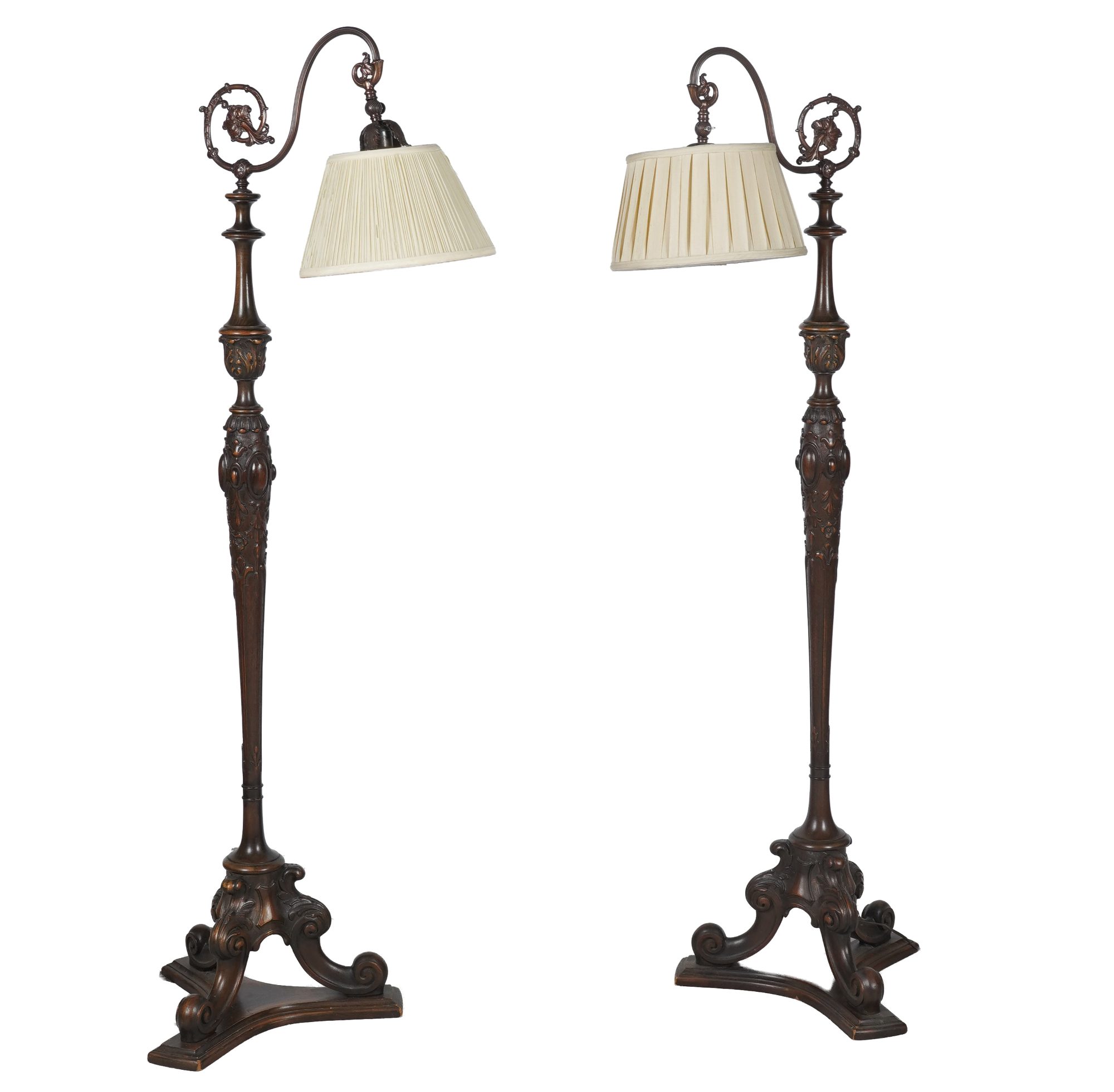 Pair of Carved Wood and Metal Floor Lamps