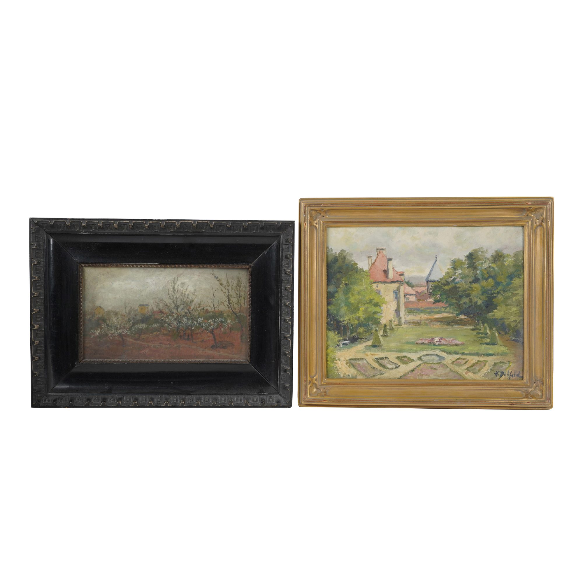 Two Continental Paintings with Castles and Distant Village