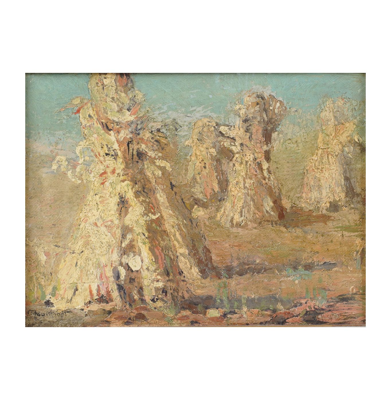 A Painting with Corn Stalks Gathered in a Field