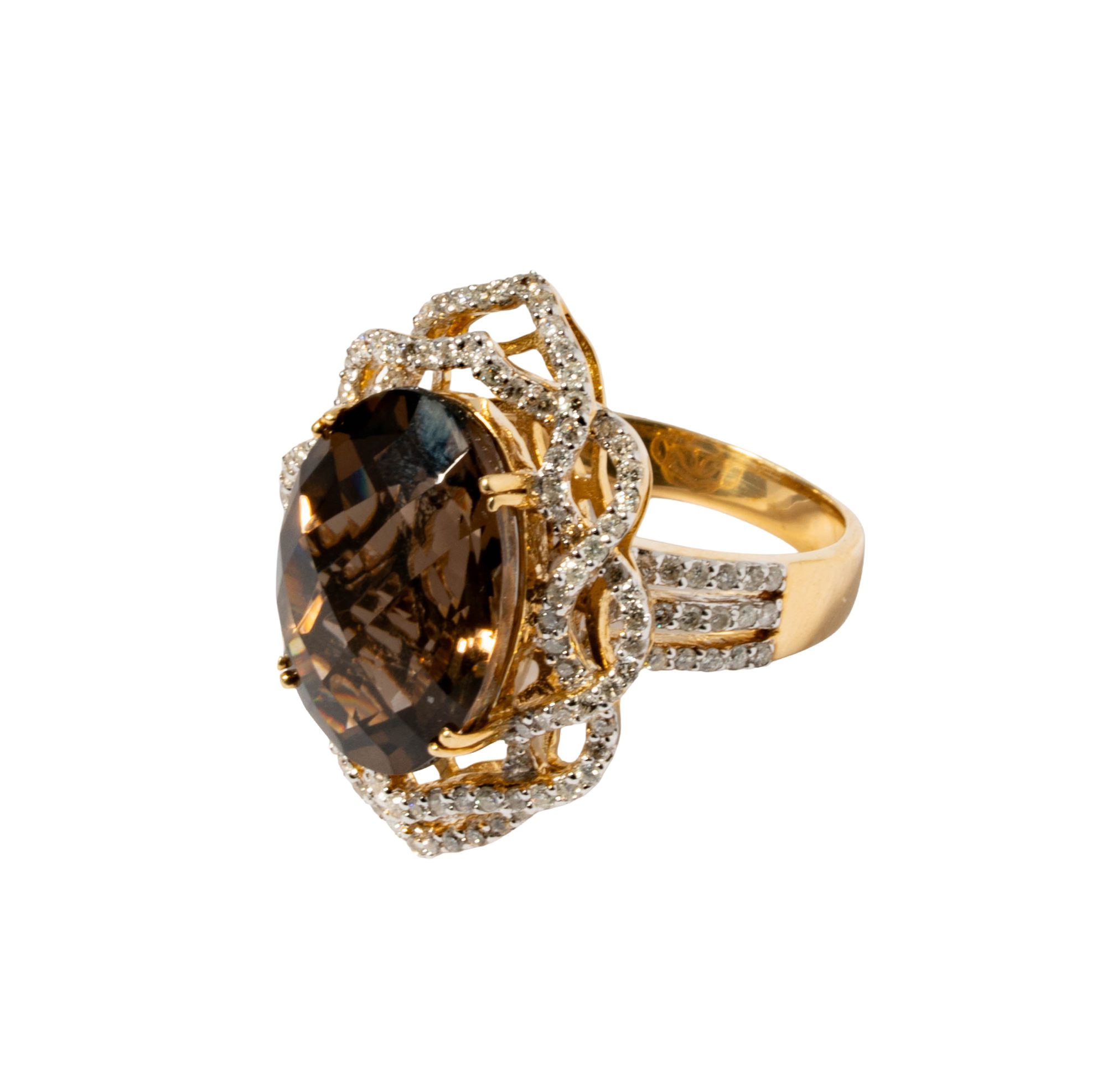 14 Karat Yellow Gold Diamond and Smoky Quartz Ring