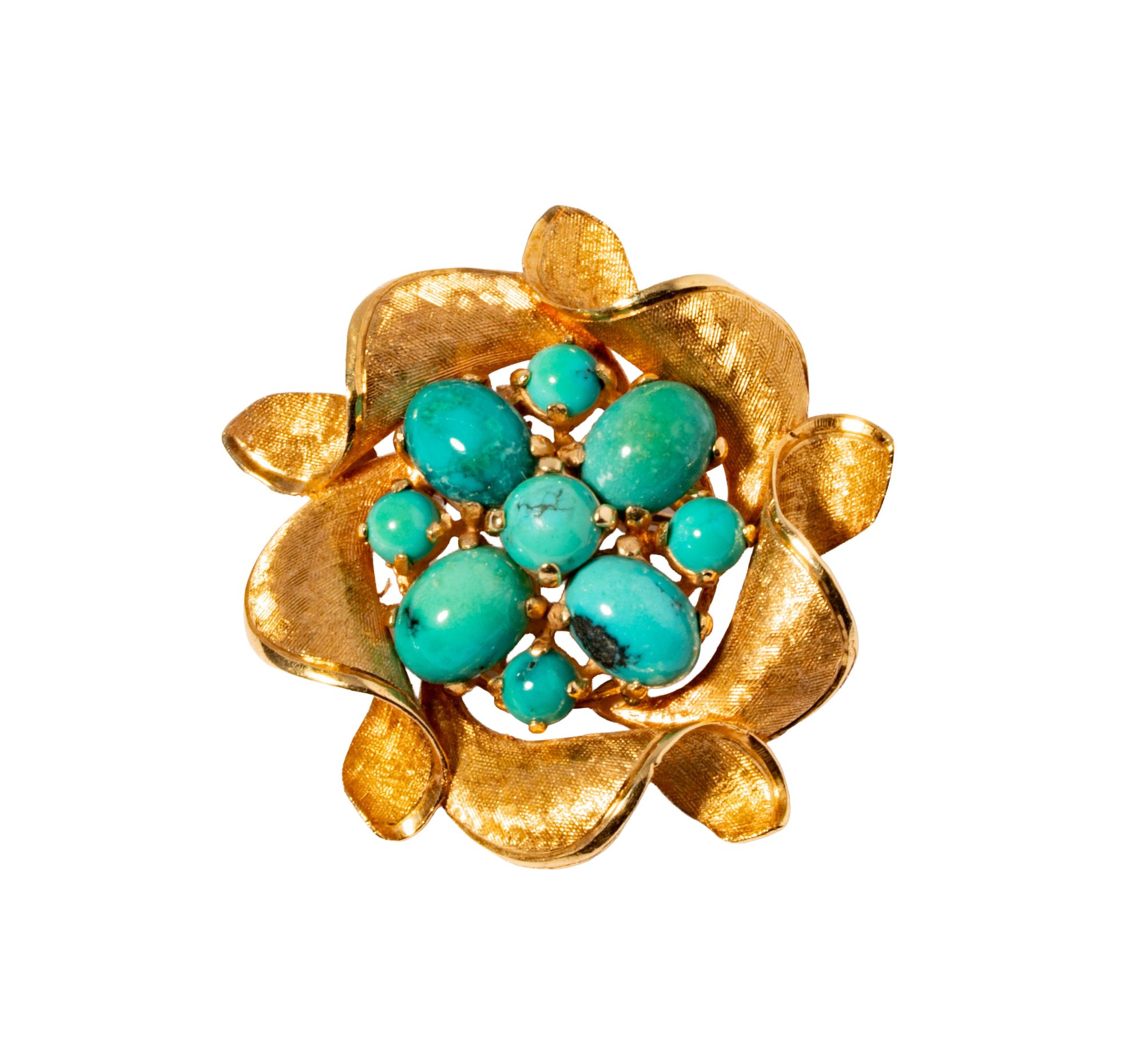 14 Karat Gold and Turquoise Flower Brooch