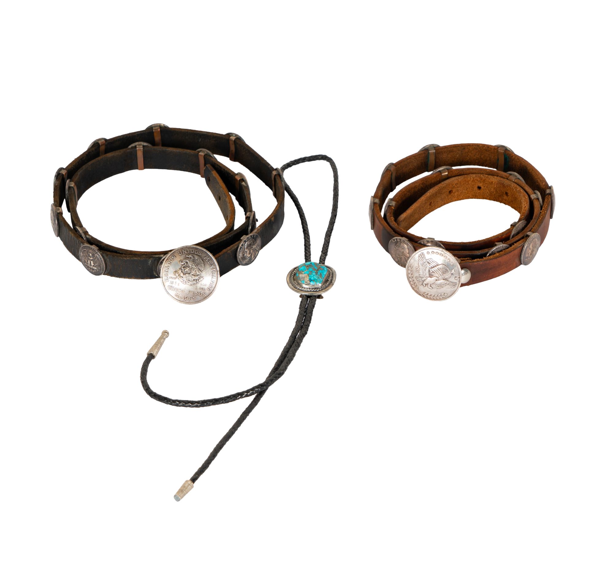 Two Coin Leather Belts and one Bolo Tie