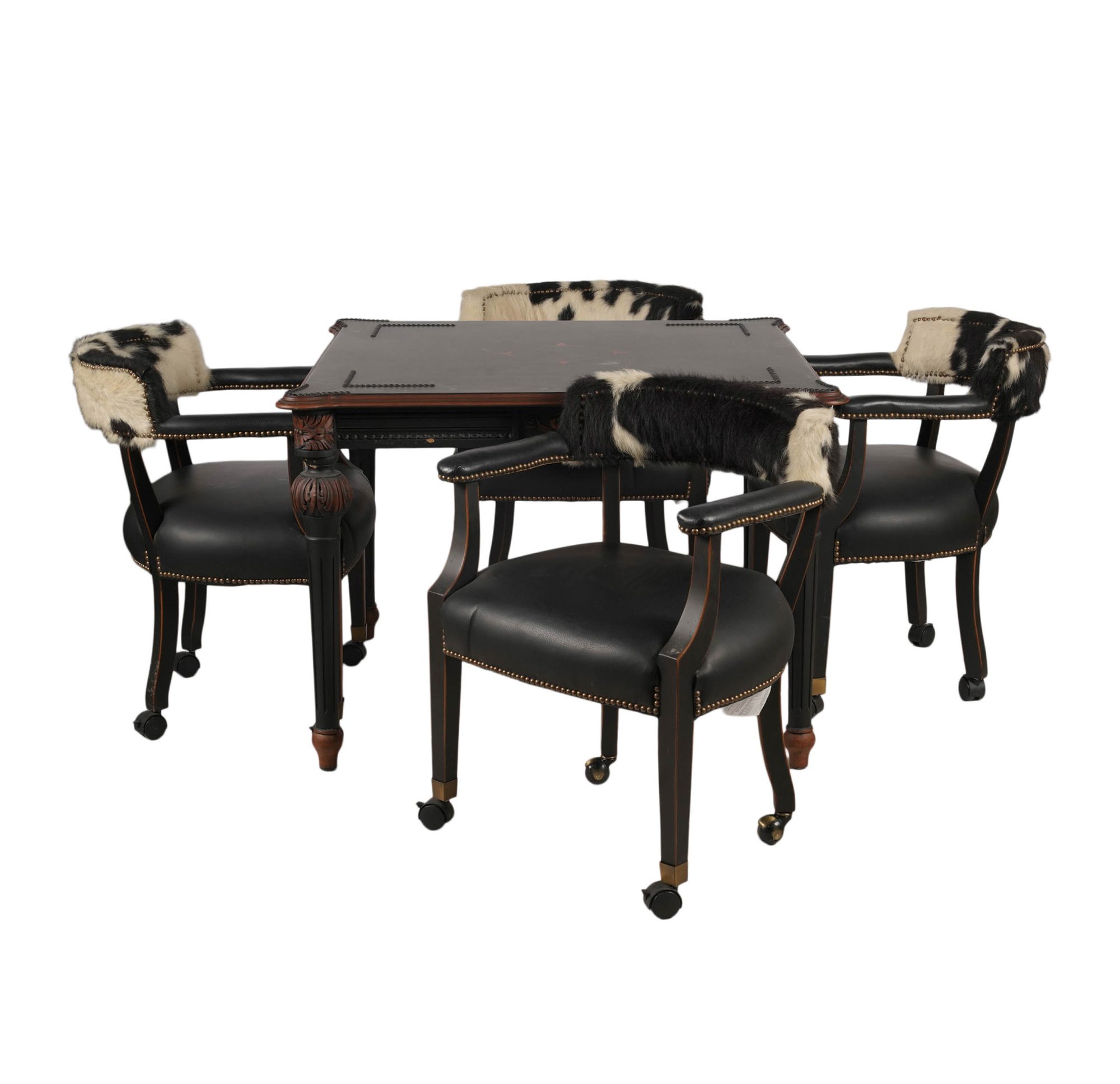 Hickory Game Table with Four Leather and Hide Chairs