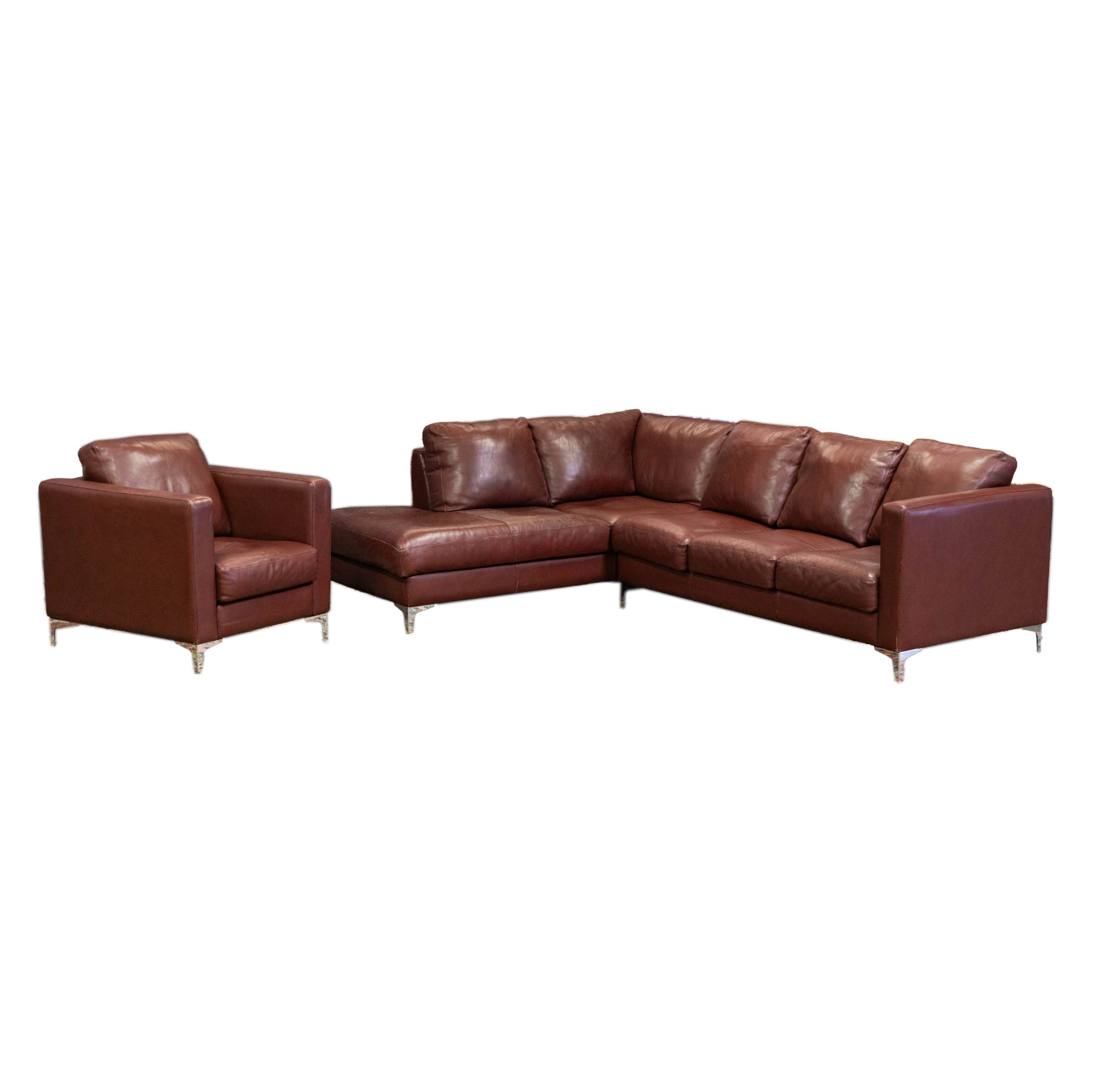 Modern Burgundy Leather Sectional and Club Chair
