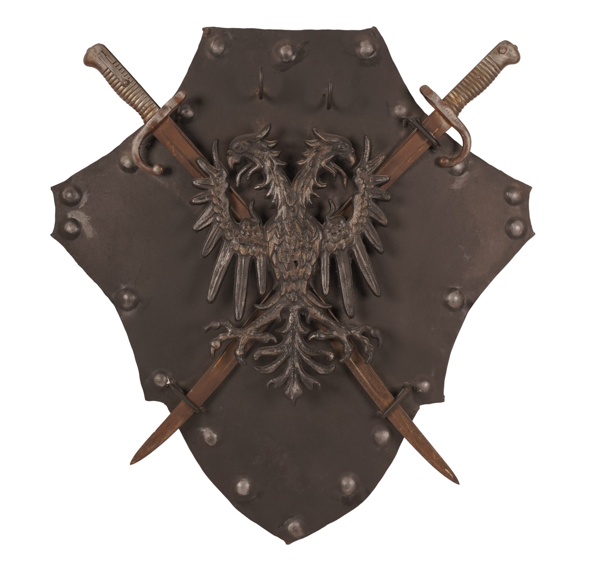 Wall Mounted Iron Shield with Crossed Bayonets and Hapsburg Symbol