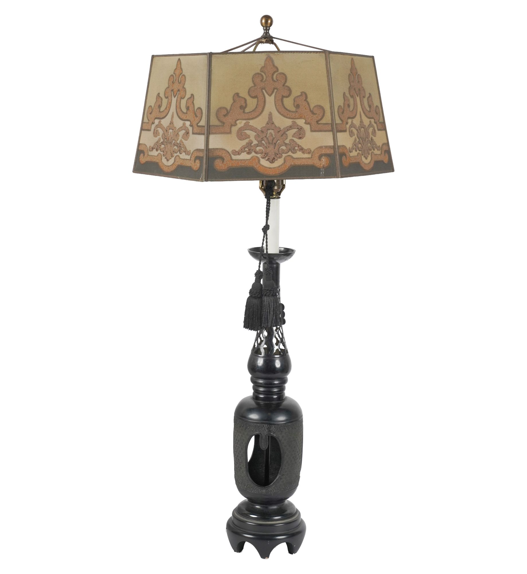 A Dark Metal Altar Candlestick Style Lamp with Vintage Lamp Shade