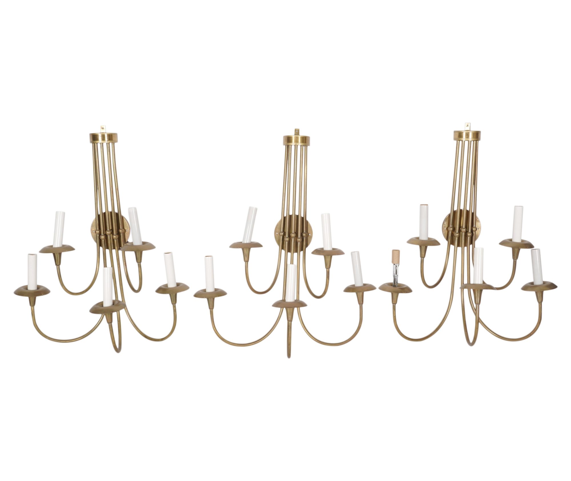 Five Large Modern Brass Five-Light Sconces