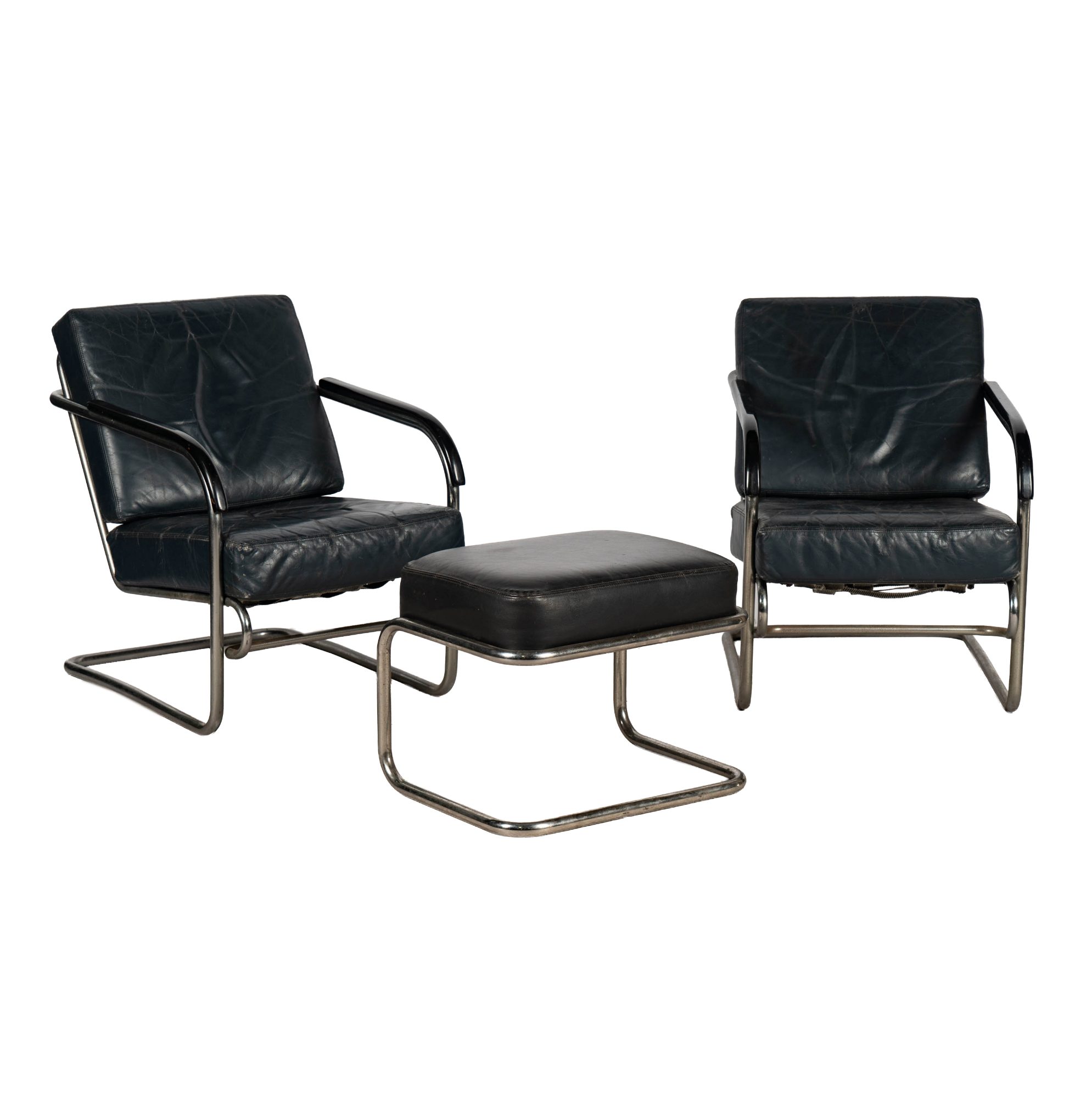 Pair of Kem Weber-Style Chairs with Ottoman