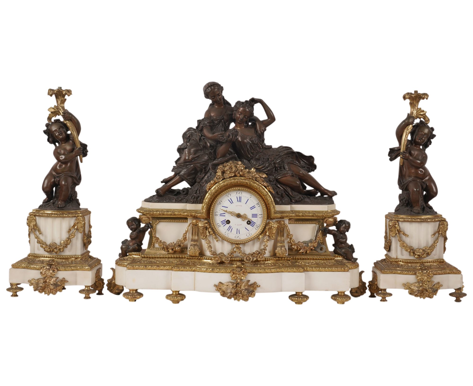 French Bronze and Marble Three-Piece Clock Garniture