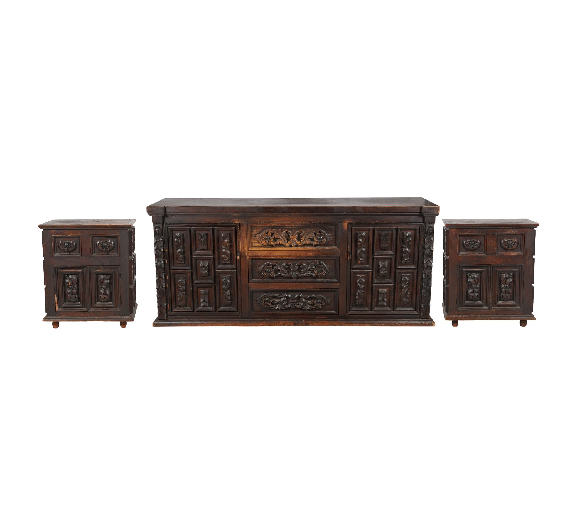 Oak Server snd Pair of Small Cabinets