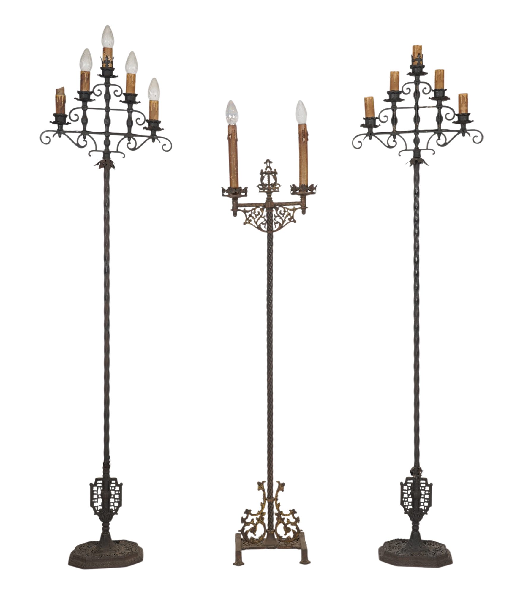 Three Assorted Iron Torchiere Floor Lamps