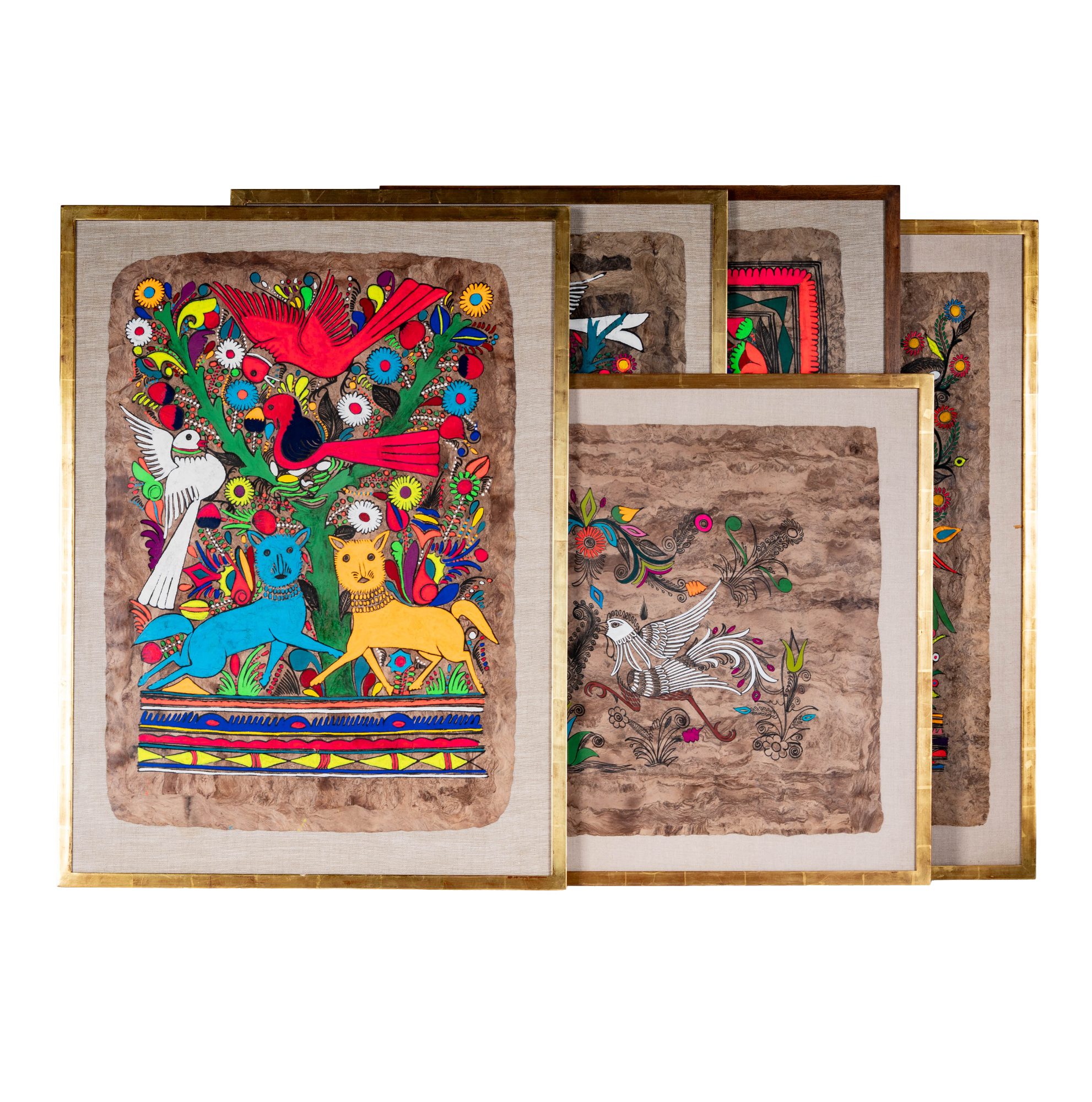 Five Mexican Folk Art Paintings on Bark