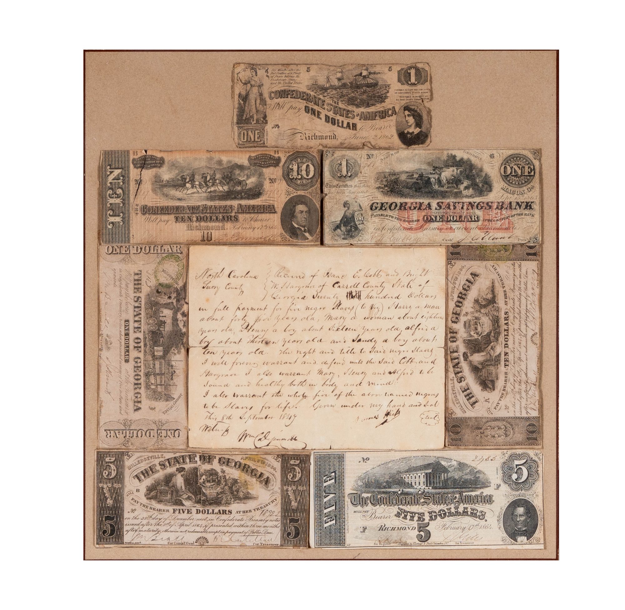 19th Century Framed American Currency and Document