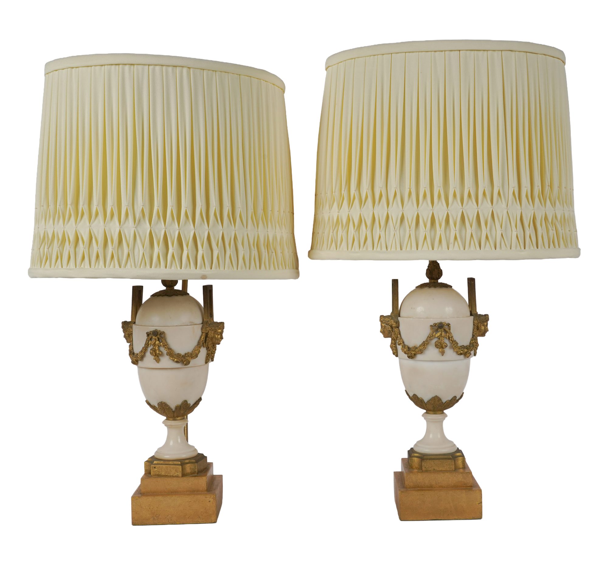 Pair of French Gilt-Bronze Mounted White Marble Urns